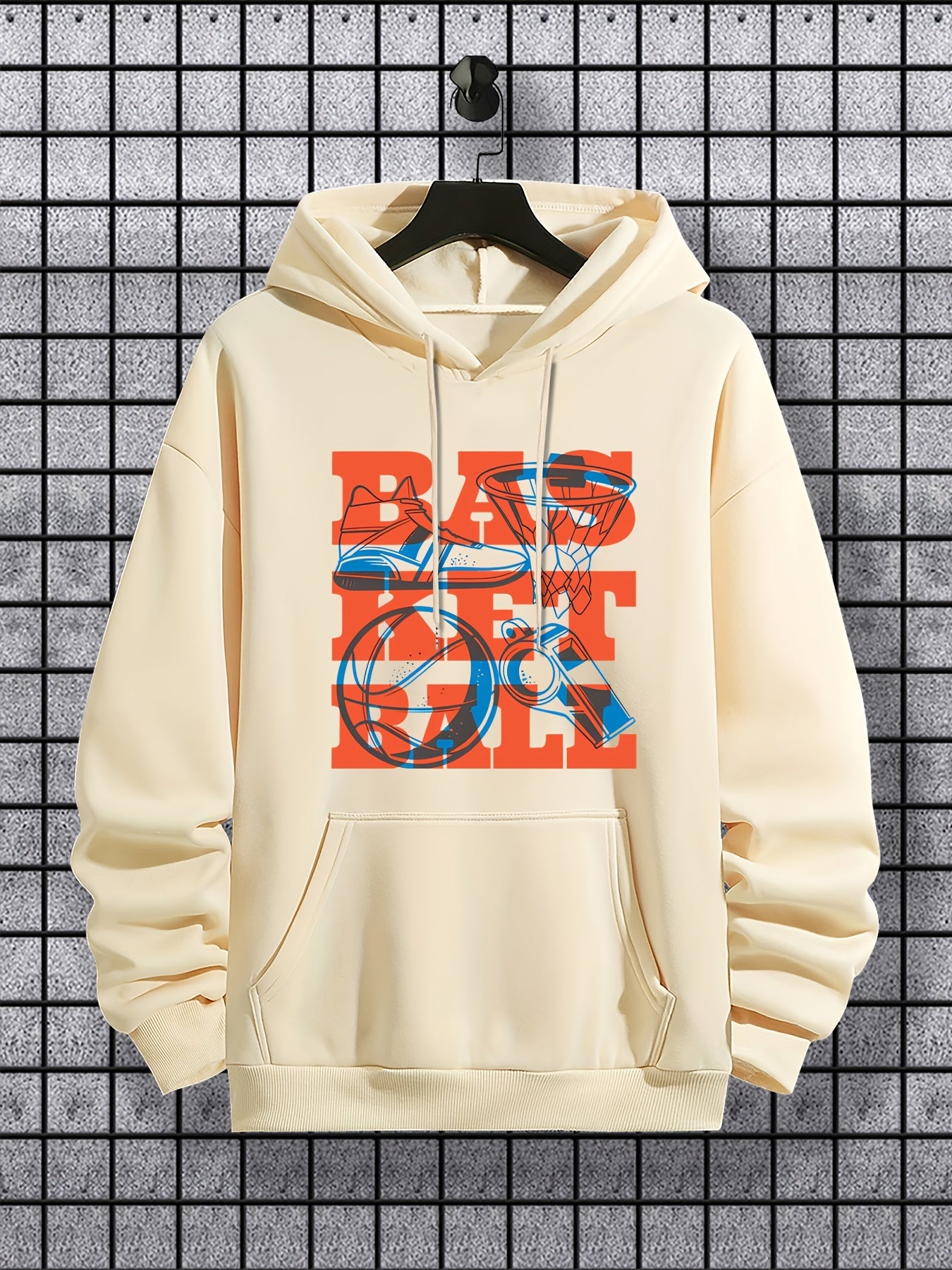 Basketball Pattern, Men'S Trendy Comfy Hoodie, Casual Slightly Stretch Breathable Hooded Sweatshirt For Outdoor