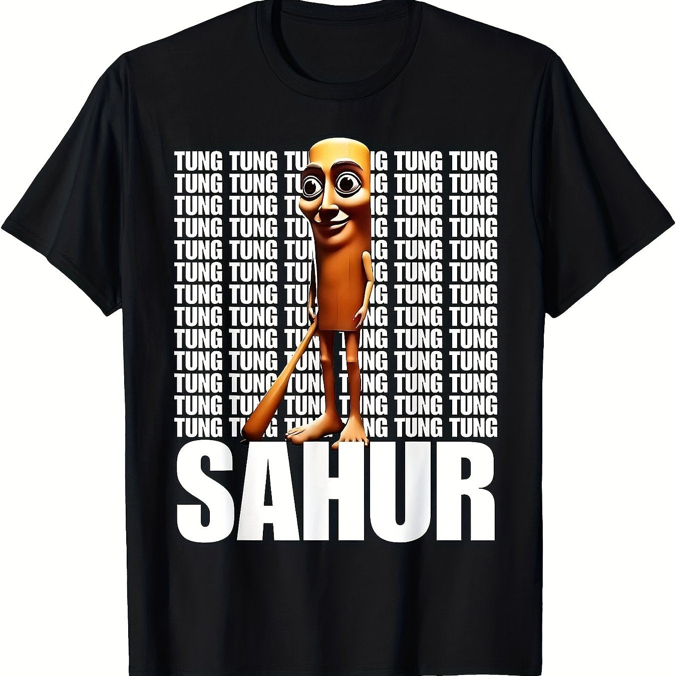 Tung Tung Tung Sahur Italian Brainrot Meme T-Shirt - Unisex Black Cotton Tee with Sahur Alarm Clock Graphic, 220gsm Heavyweight Casual Shirt for Father's Day Gifts & Casual Attire, Gift Idea, Playful Design, Pure Cotton
