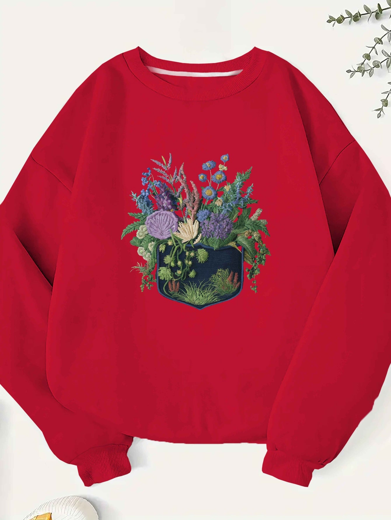 Women'S Plus Size Embroidered Floral Crew Neck Sweatshirt - Casual Polyester Knit Long Sleeve Pullover for Fall/Winter