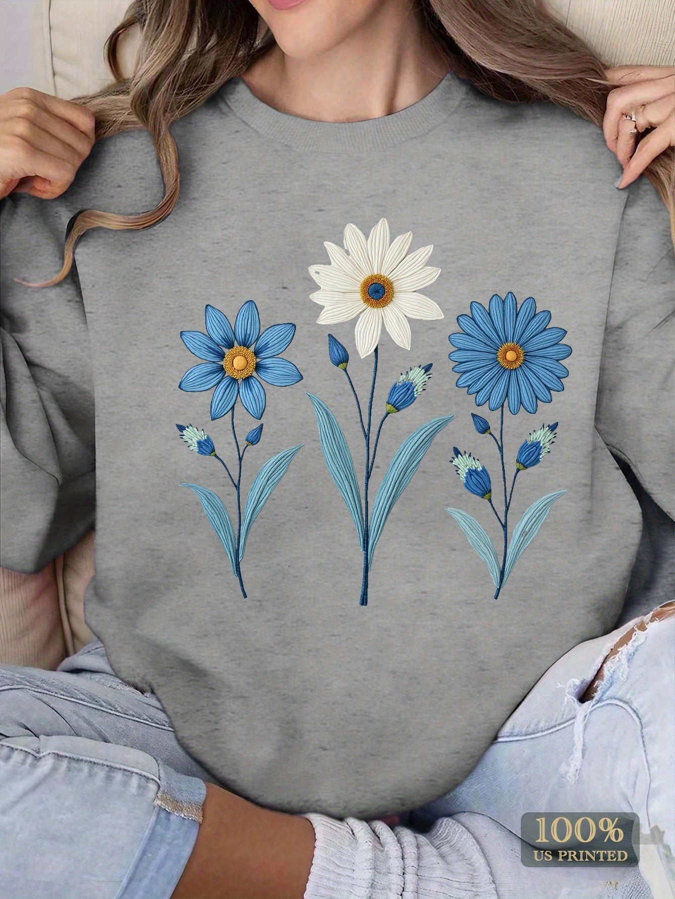 teediy Women's Casual Floral Embroidery Sweatshirt - Blue & White Flowers on Green, Long Sleeve Round Neck, Machine Washable, Autumn Winter Comfort, Winter Clothing, Relaxed Fit, Comfortable Fabric