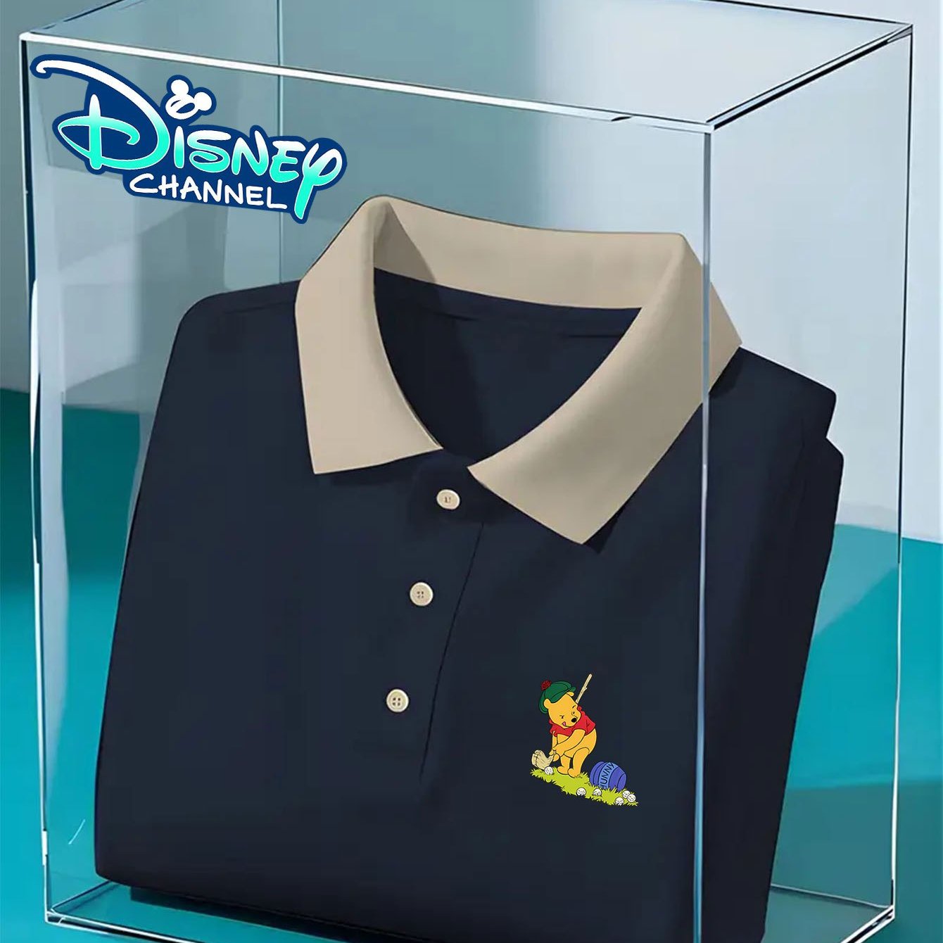 [Disney Authorized] Men's classic shirt, Winnie the Pooh playing golf pattern print, high-end casual business golf shirt, short-sleeved collar, quick-drying and breathable, perfect gift for husband and friends.