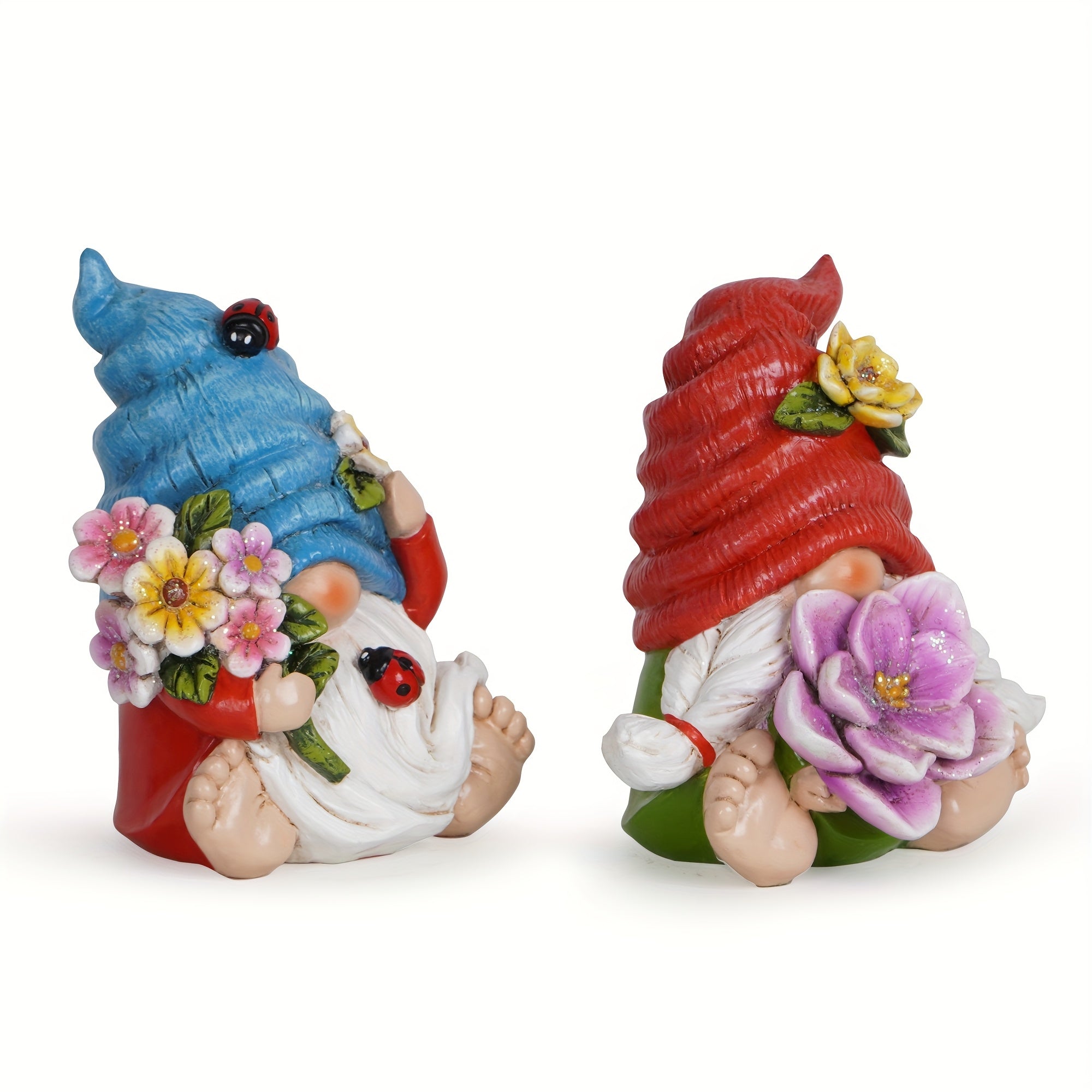 Basen Resin Gnome Figurines, Enchanting Hand-Painted Spring Decorations With Flowers And Ladybugs, Whimsical Red And Blue Hat Ornaments For Easter, Garden, Home Decor, And Gifts