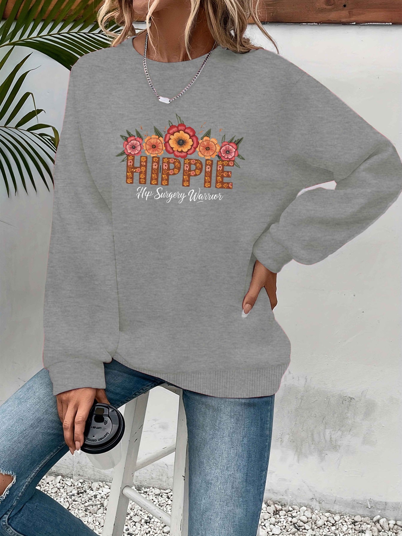 [Relaxed Style] Women's Hippie Warrior Sweatshirt - Cozy Gray Long Sleeve Crewneck with Colorful Floral and Geometric Embroidery, Casual Fall/Winter Polyester Pullover, Clothing Top | Floral Top | Glossy Fabric, Hippie Clothe