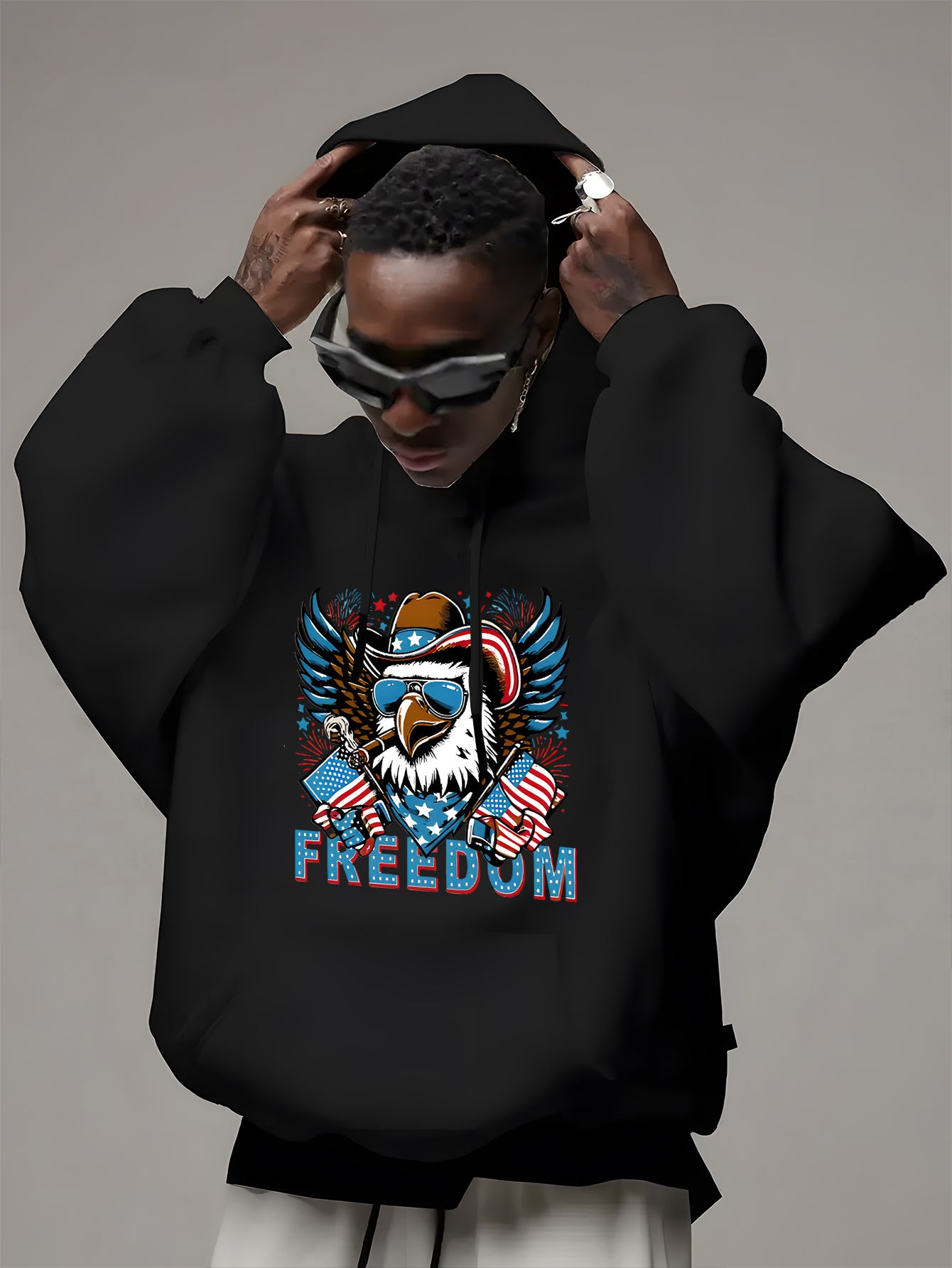 FREEDOM Printed Hooded Sweatshirt with Kangaroo Pocket And Plush Casual Long Sleeved Hooded Sweatshirt, Suitable for Outdoor Use