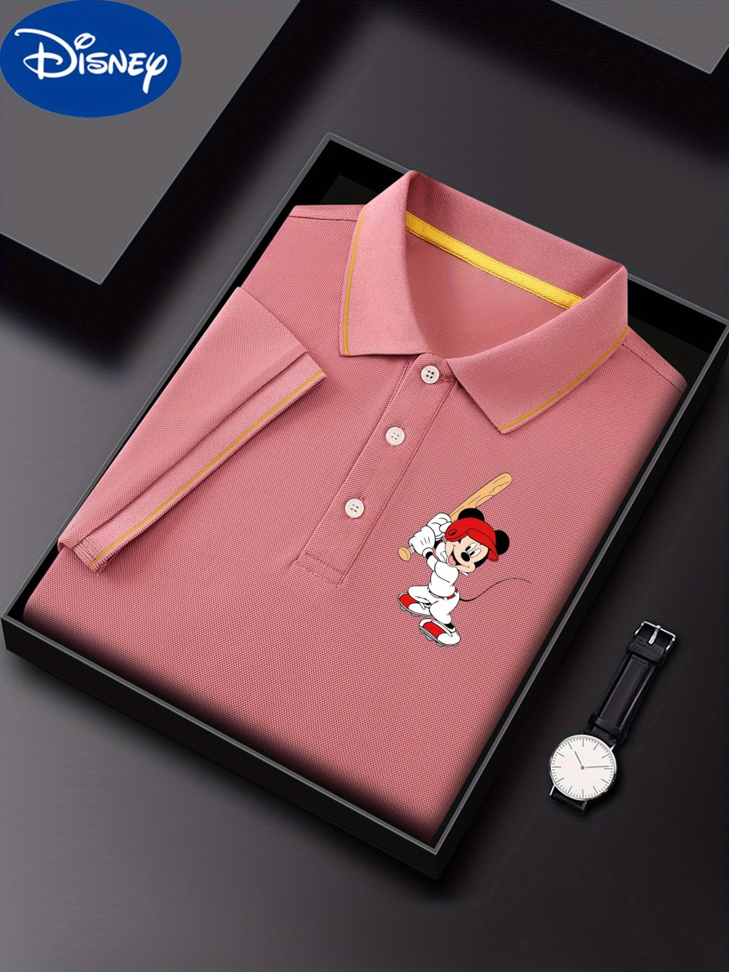 Disney Men'S Classic POLO Shirt, Mickey Batting Baseball Print, Premium Casual Business Casual, Short Sleeve Collar Polo Shirt, Lightweight Polyester, Quick Drying and Breathable Comes in a Display Gift Box Great for Husbands