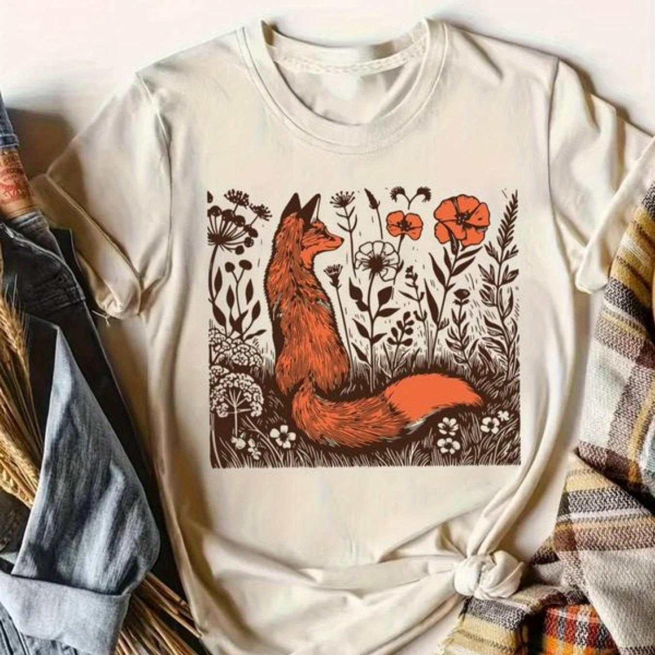 [Soft Cotton T-Shirt] Soft Cotton Women's Rustic Fox & Floral Graphic T-Shirt | High Elasticity Breathable Streetwear Top for Spring/Summer, Casual Daily Wear, Machine Washable Gift, Ladies T Shirts, Everyday Comfort, Streets
