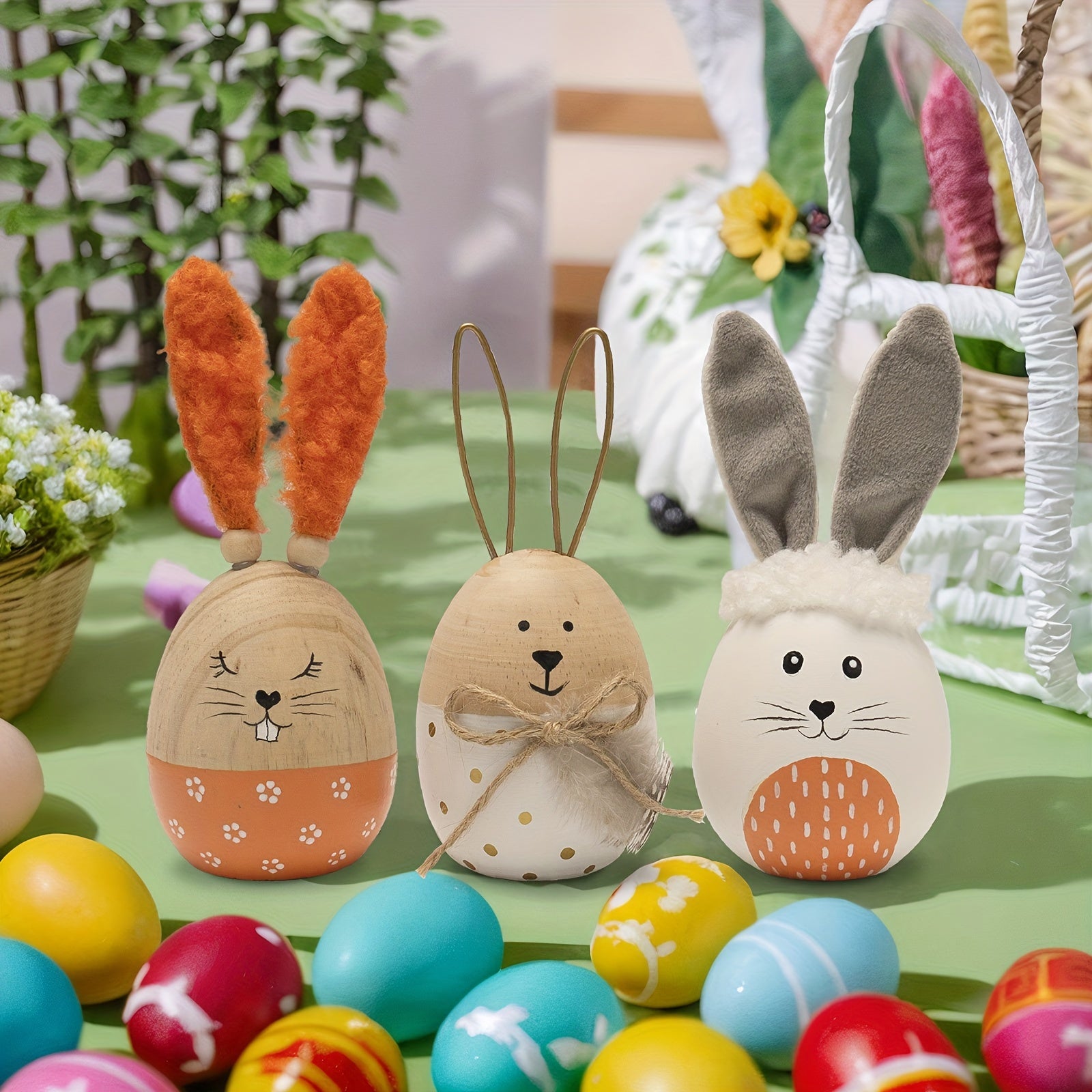 [Wooden Easter Decor] Wooden Decorative Easter Egg Decor, Easter Bunny Eggs Figurine, Indoor Spring Table Centerpieces Shelf Fireplace Mantel Desk Tiered Tray Decorations For Home