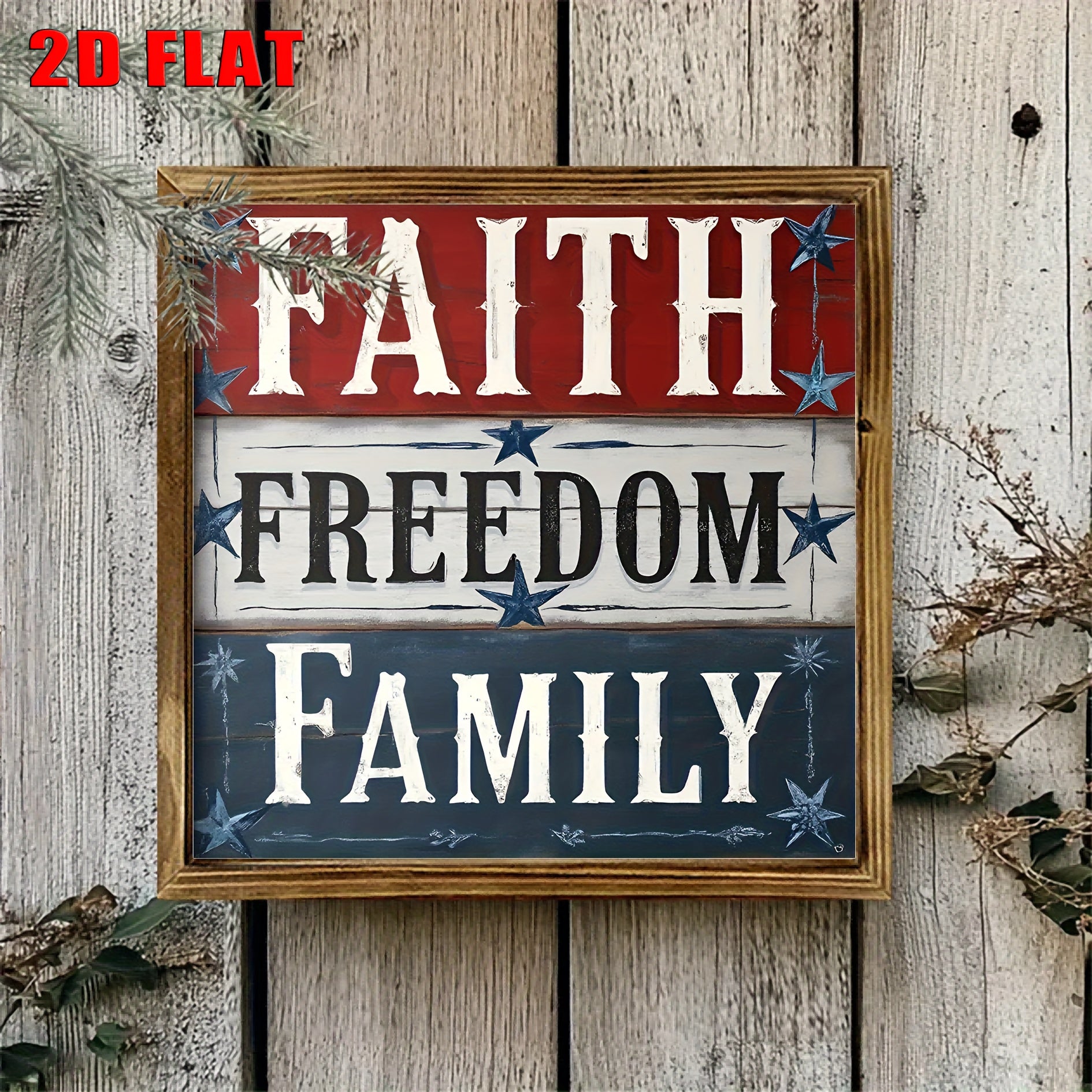 [2D FLAT]8x8 Inch Rustic Wood Wall Art Sign - Farmhouse Style Faith Freedom Family Decor with Distressed White Background & Red/Blue Stars, No Electricity Needed, Easy Wall-Mounted for Kitchen Bathroom Living Room Entryway, H