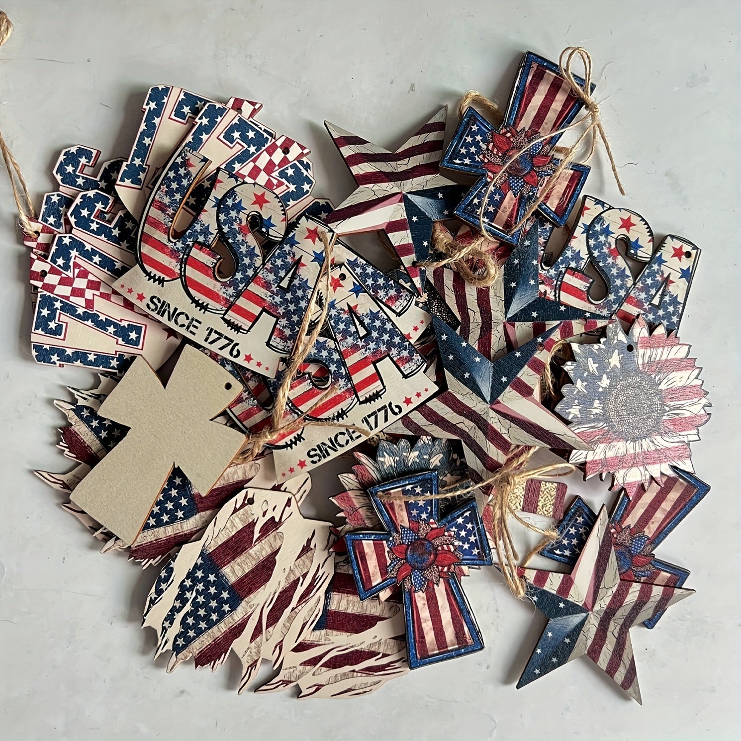 Vintage Wooden Patriotic Tree Ornaments: Celebrate Independence Day with Rustic American, Star, Cactus, Sunflower, and Cross Ornaments