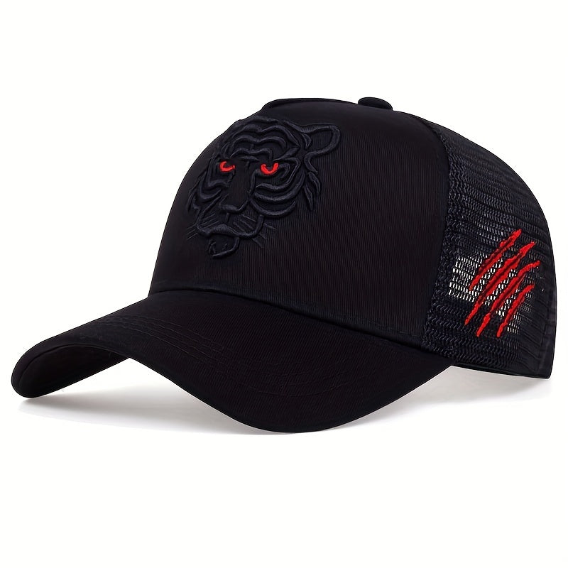 Tiger Embroidery Unisex Baseball Cap Solid Color Mesh Breathable Trucker Hat Adjustable Sports Sun Hats For Women & Men