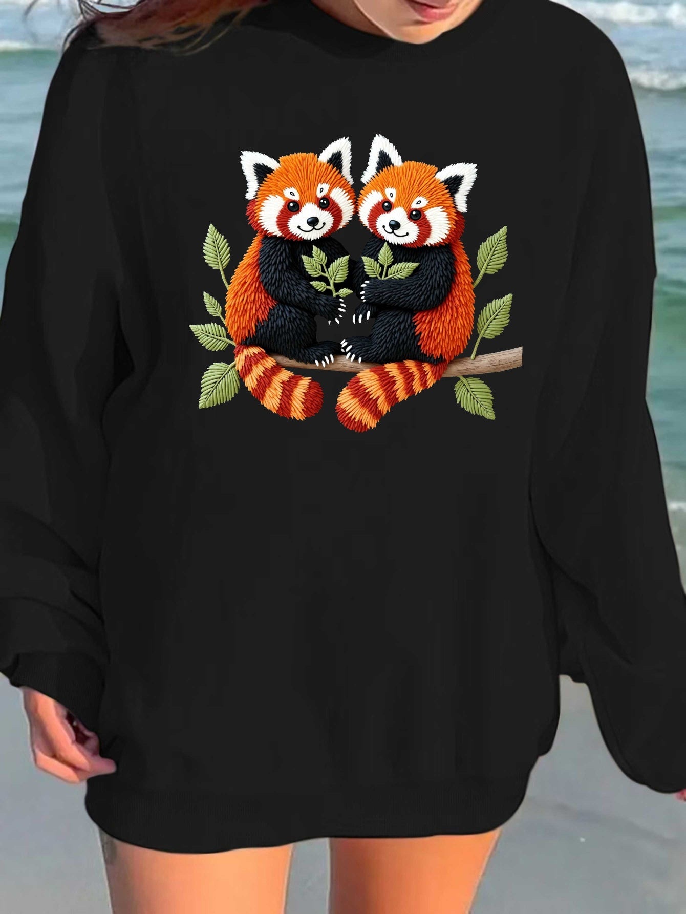 teediy Women's Embroidered Red Pandas on Branch Sweatshirt - Black Casual Long Sleeve Round Neck Pullover, Machine Washable Regular Fit Autumn Winter Cozy Top, Panda Clothes, Winter Clothing, Autumn Apparel, Playful Design, D