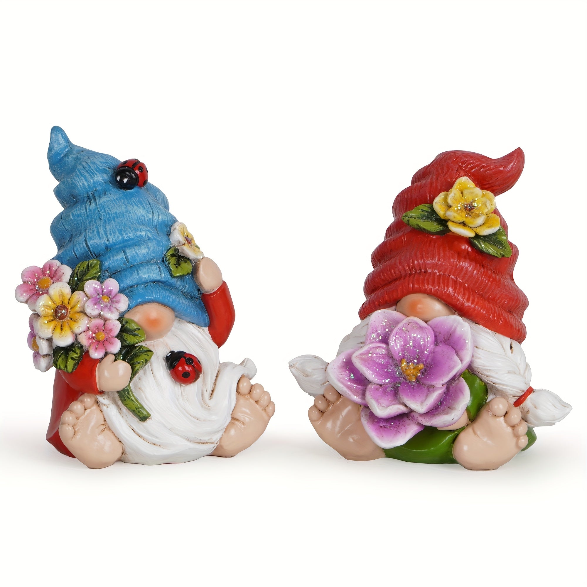 Basen Resin Gnome Figurines, Enchanting Hand-Painted Spring Decorations With Flowers And Ladybugs, Whimsical Red And Blue Hat Ornaments For Easter, Garden, Home Decor, And Gifts