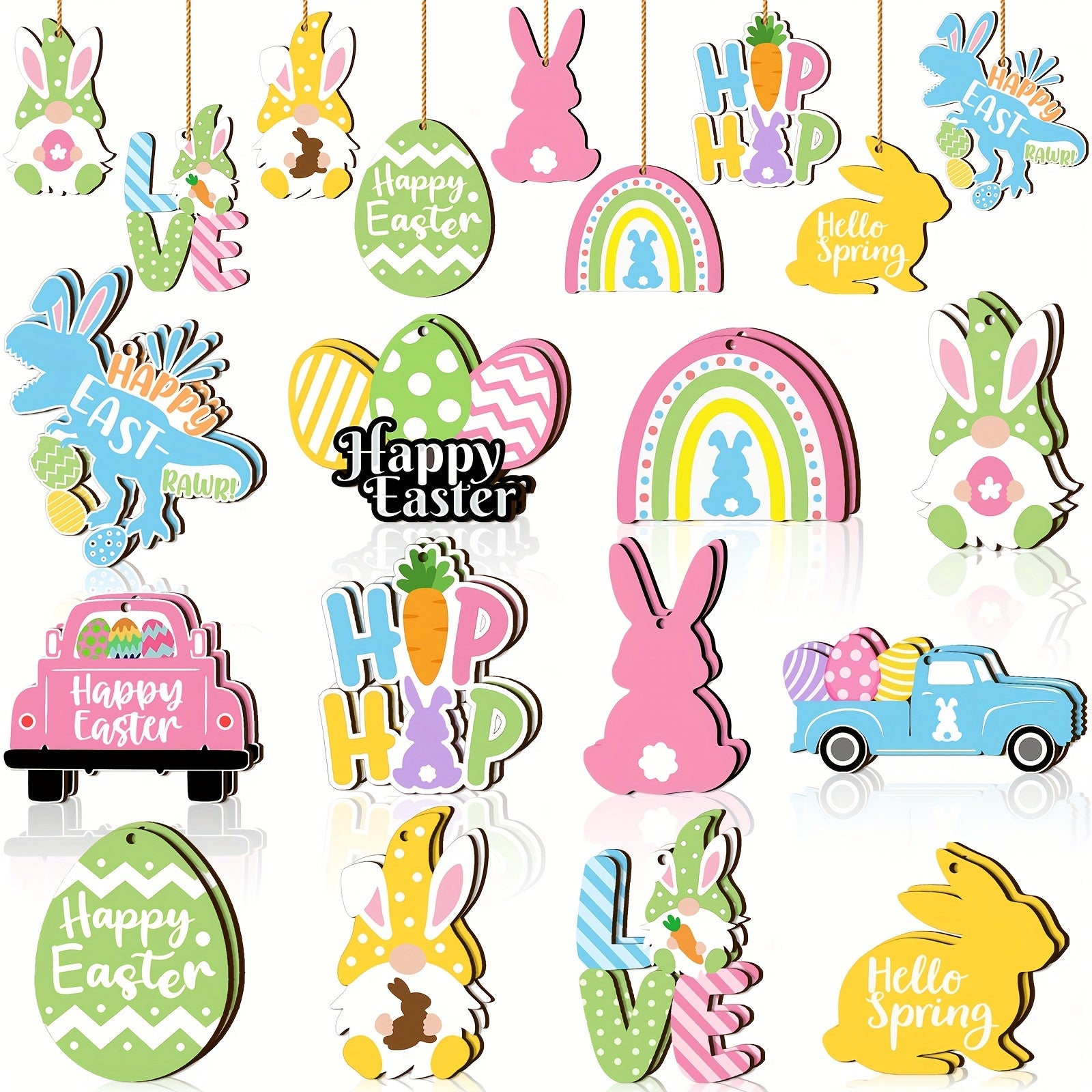[Wooden Easter Ornaments] 24pcs Wooden Easter Ornaments - Happy Easter Egg Gnome Bunny Chick Cutouts Spring Decorations - 12 Styles (Truck)