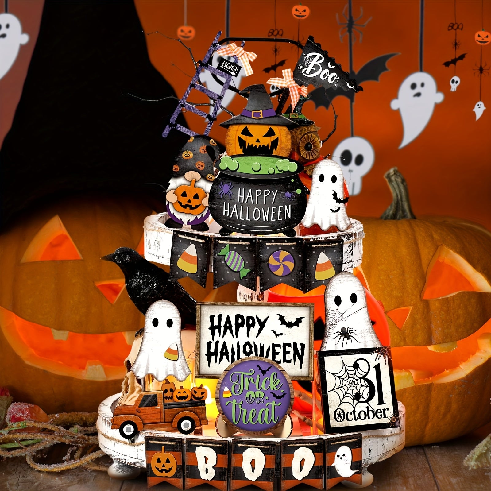 Halloween Tiered Tray Decor Set Happy Halloween Wooden Signs Rustic Table Centerpieces Farmhouse Decor For Home Table Kitchen, Tray Not Included (Pumpkin)