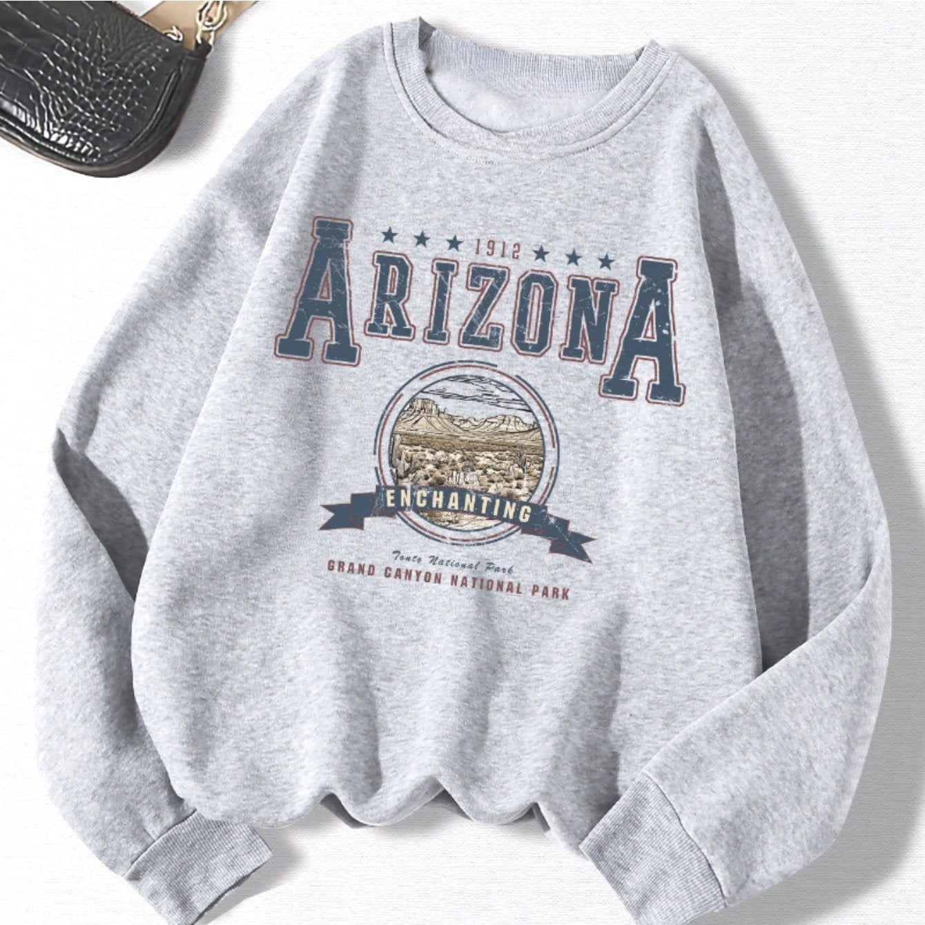 Women's Casual Crew Neck Sweater | Long Sleeve Pullover, Slogan Graphic 1912 ARIZONA ENCHANTING Tonto National Park GRAND CANYON NATIONAL PARK, Knit Grey Sweatshirt for Autumn/ Winter