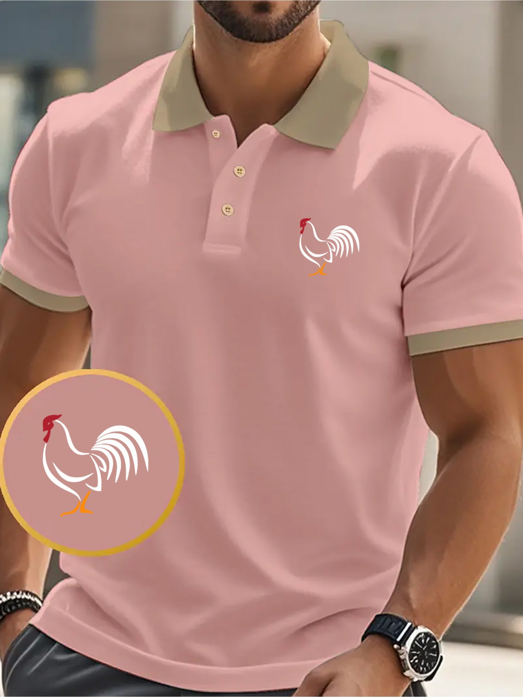 [Comfy Golf Shirt] Rooster Menswear Comfy Print Men's Short Sleeve Golf Shirt | Business Casual Top for Tennis Training