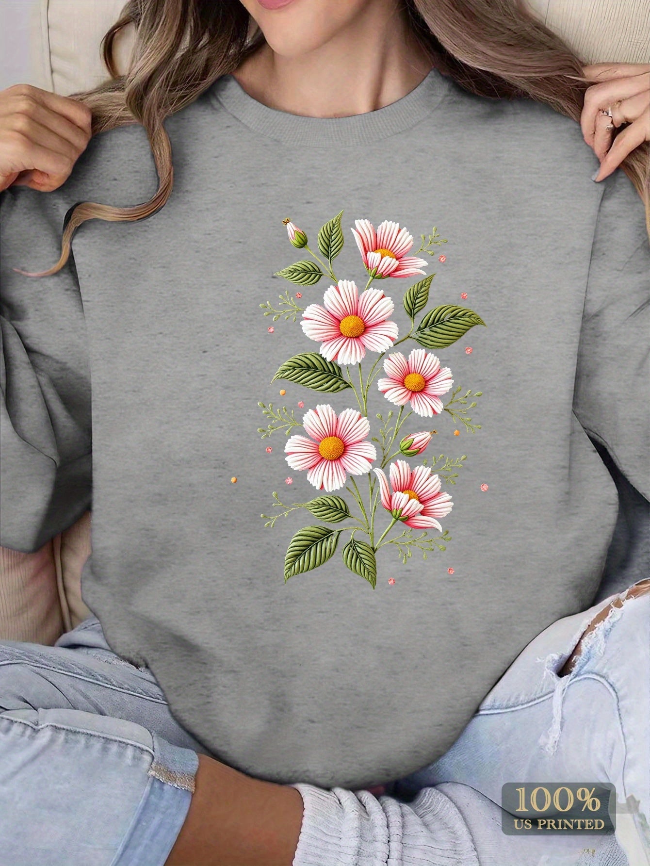 Embroidered Floral Design Women'S Plus Size Sweatshirt