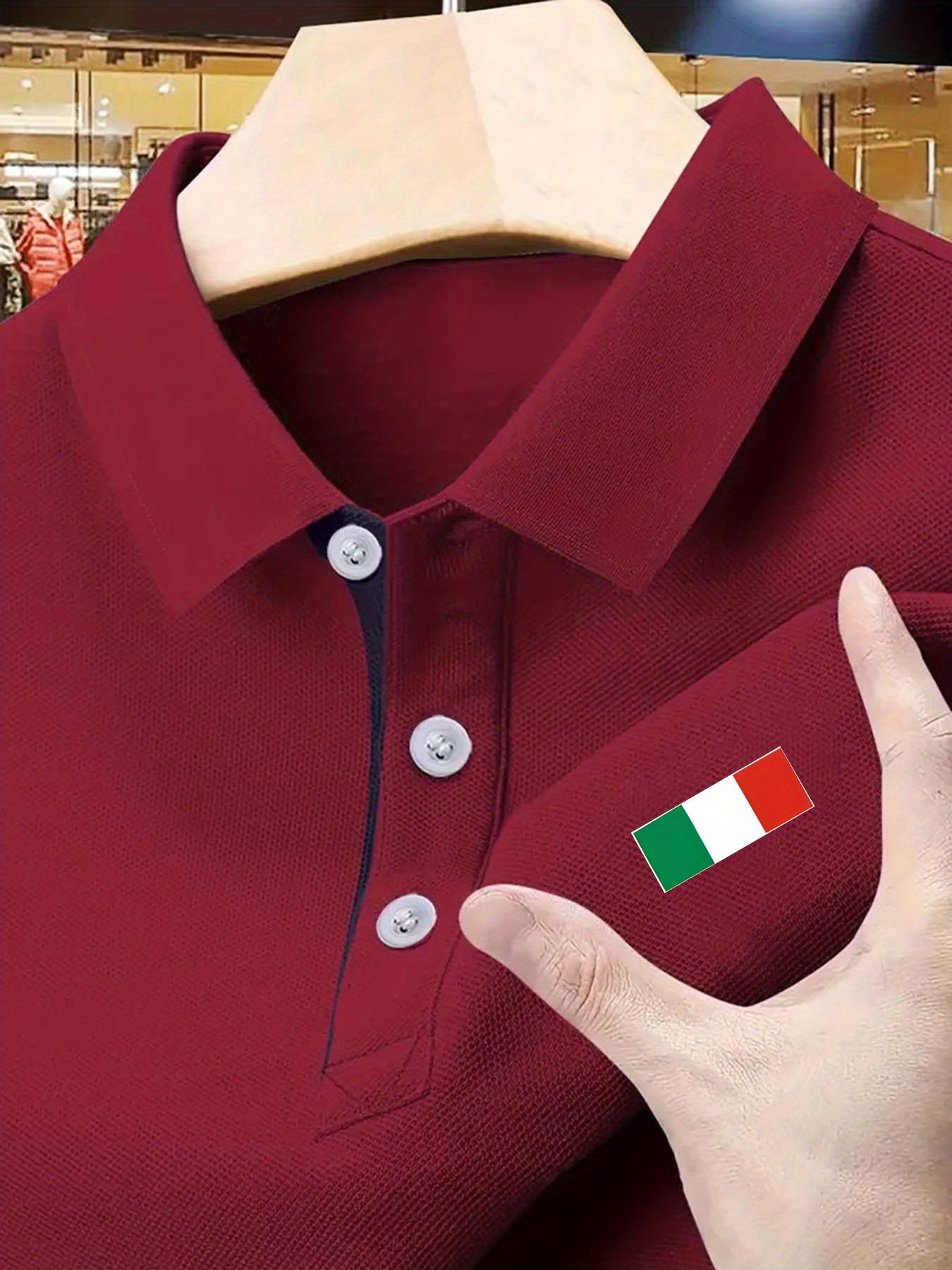 Men's Stretch Shirt - Deep Red Italian Flag Print, Breathable Knit Fabric, Button Collar & Red Trim, Regular Fit for Summer Golf & Outdoor Activities, Golf Shirt, Easycare Material