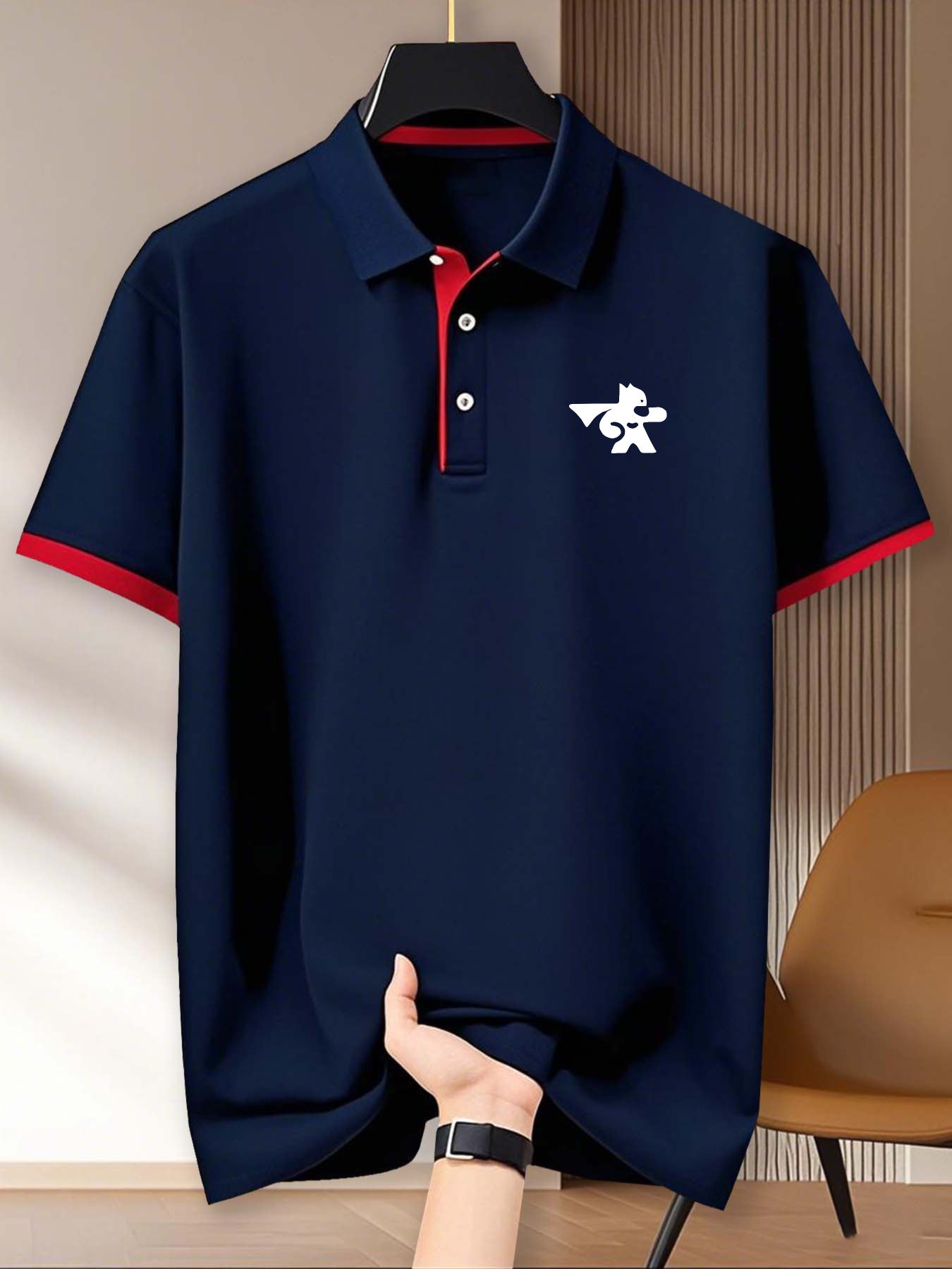 Men's Summer Shirt - Breathable Polyester, Geometric Print & Contrast Collar, Casual Sporty Golf Shirt, Regular Fit Short Sleeve for Daily Commute & Outdoor Activities