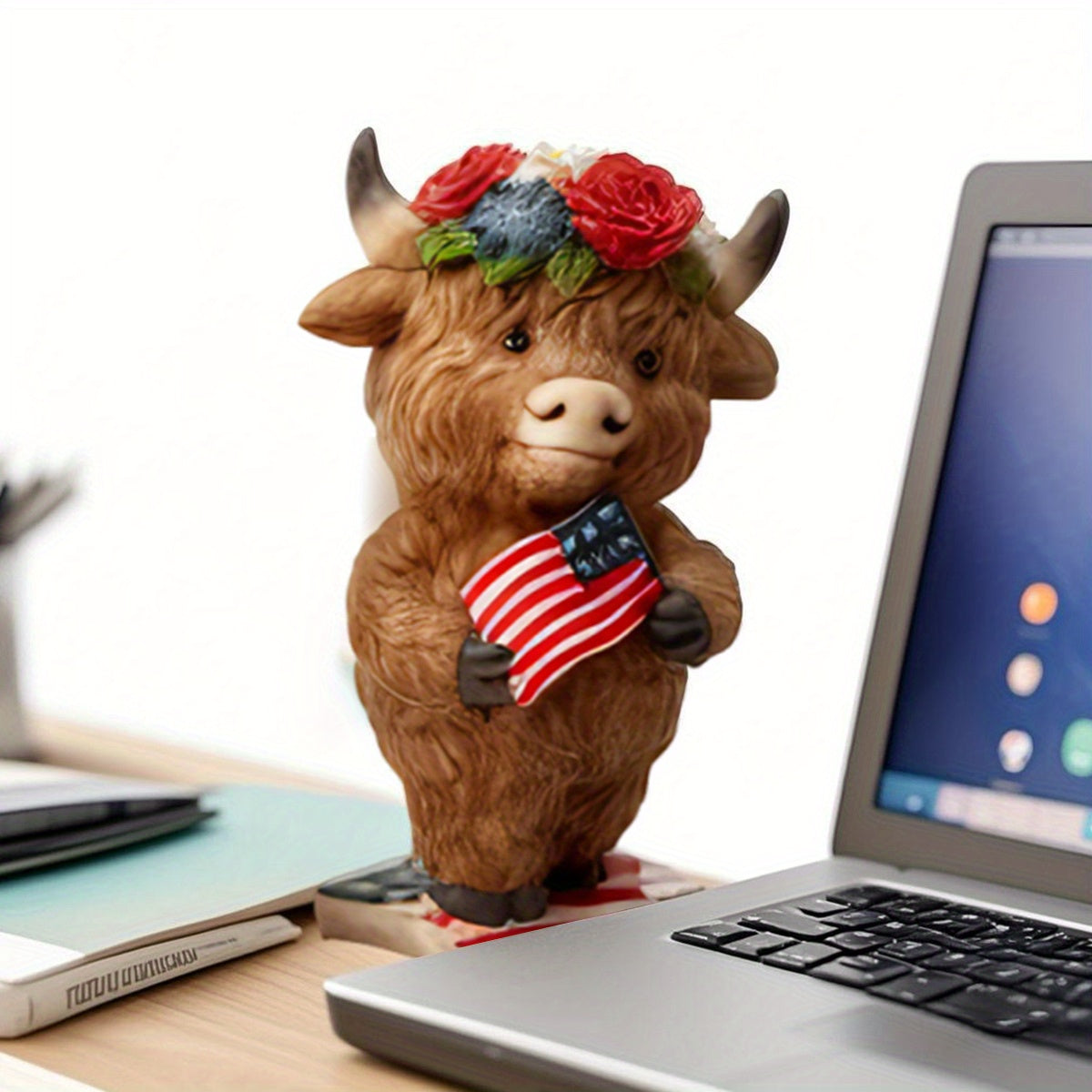 Mother'S Day Independence Day Birthday Gift New Casual, Elegant And Fashionable Patriotic Highland Cow Statue Cute Resin Animal Statue Independence Day Indoor And Outdoor Garden Decoration