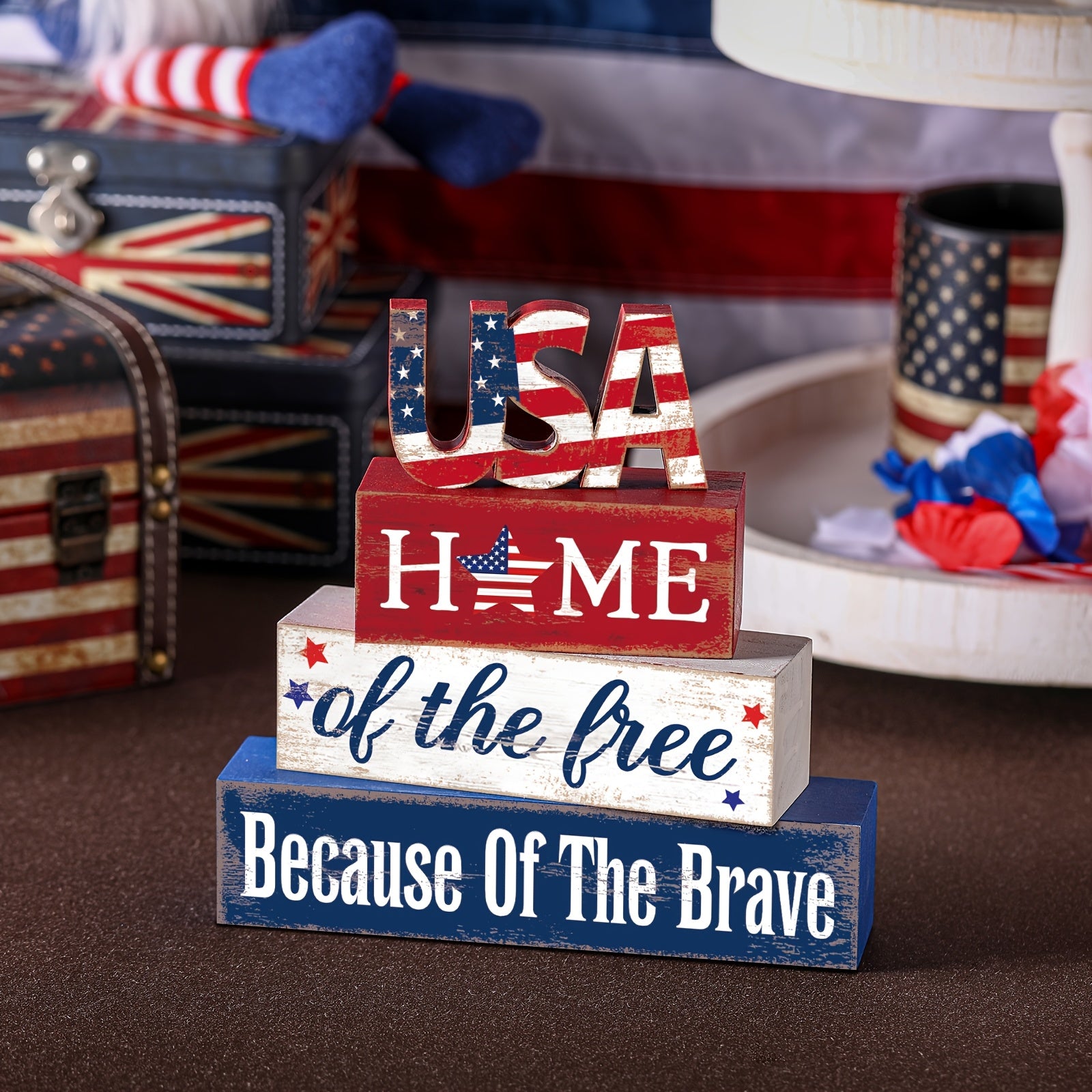 Farmhouse 4th of July Patriotic Table Sign Independence Day Table Wood Decorations Patriotic Themed Rustic Farmhouse Wood Block Sign for Party Home Desk Party Packs (Stylish)