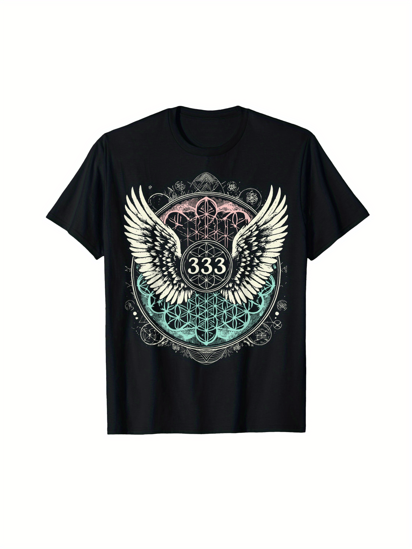 Men's Metatron's Cube Sacred Geometry Angel Wings & Lightworker Design T-Shirt - Black 100% Cotton 180gsm Regular Fit Casual Tee for Spiritual Healing & Mystical Style