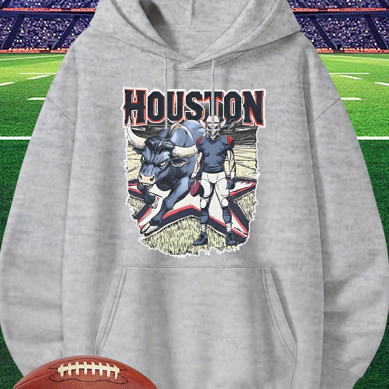 Men's Houston Football Hoodie - Red Long Sleeve Sweatshirt with Cartoon Player Design, Casual Pullover for Fans, Lightweight 280g, Perfect for Game Day or Casual Attire