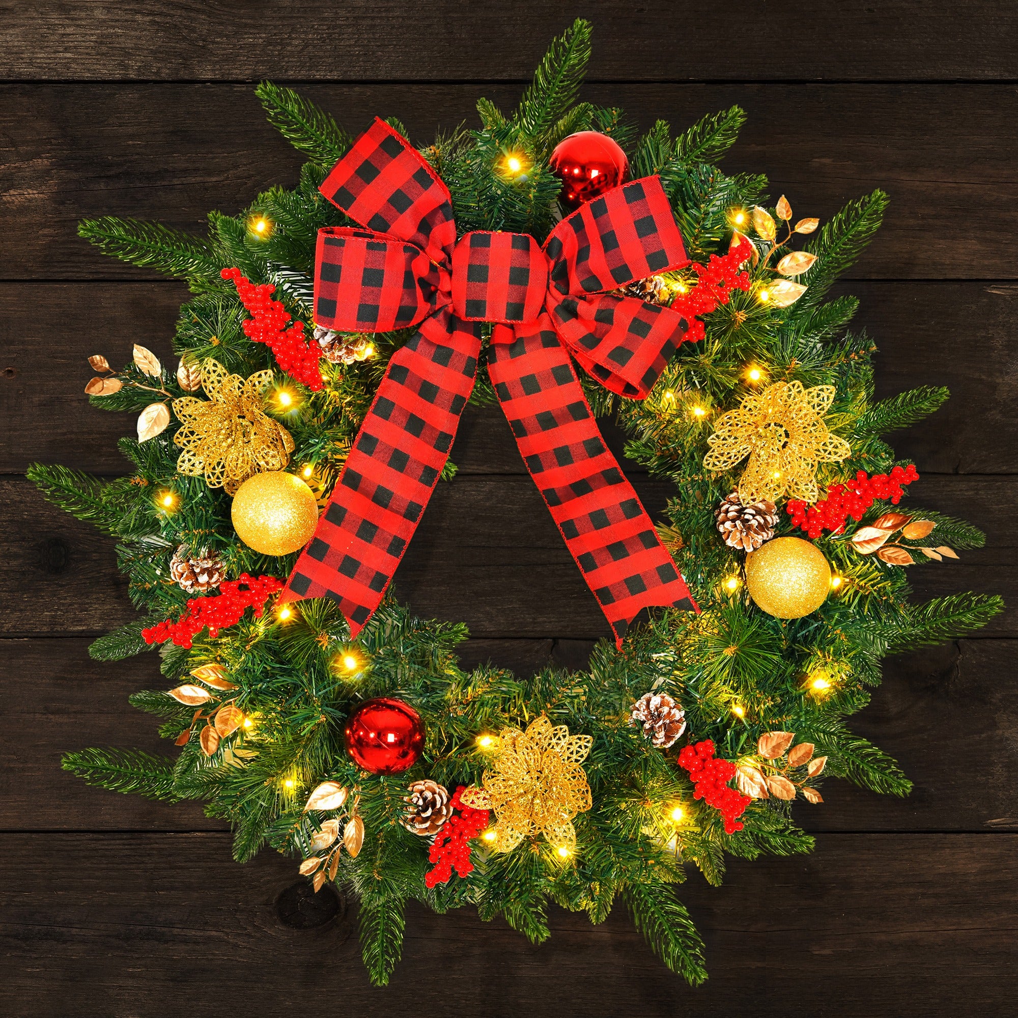 28inch 8 Modes Extra Large Pre-lit Christmas Wreath Artificial Deluxe Lighted Christmas Wreath Decorations Ornament with LED Lights Door Window Fireplace Decor Timer Function