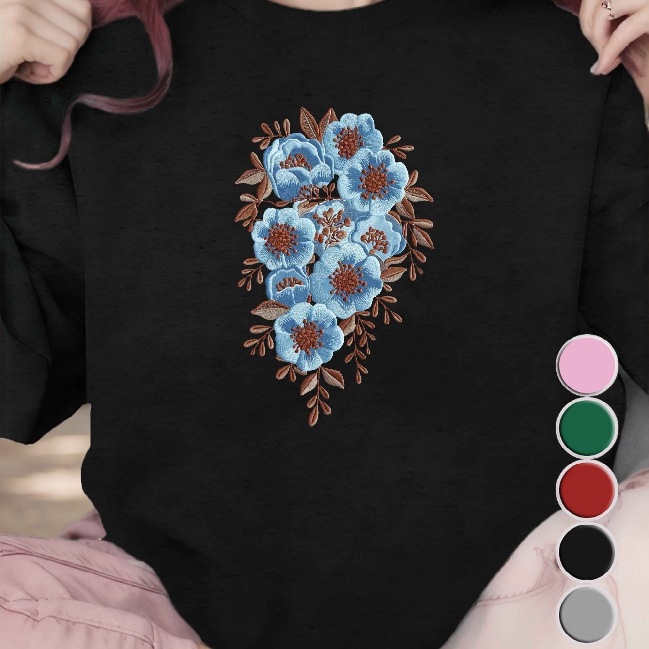 1pc Women'S Casual Floral Embroidery Crew Neck Sweatshirt - Polyester Knit Fabric, Geometric Pattern, Regular Length, Fall/Winter Collection
