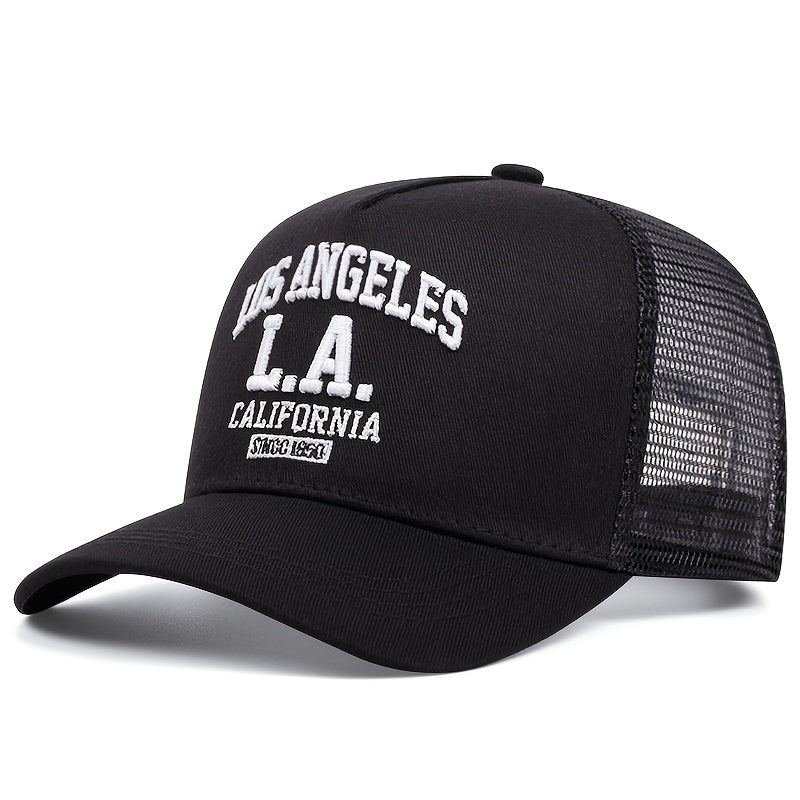 Los Angeles Embroidered Baseball Cap - Black Trucker Hat with Mesh Back, Lightweight & Adjustable for Outdoor Sports, Breathable Polyester, Casual Wear Hat|Sporty Baseball Cap|Adjustable Closure Cap, Baseball Hat