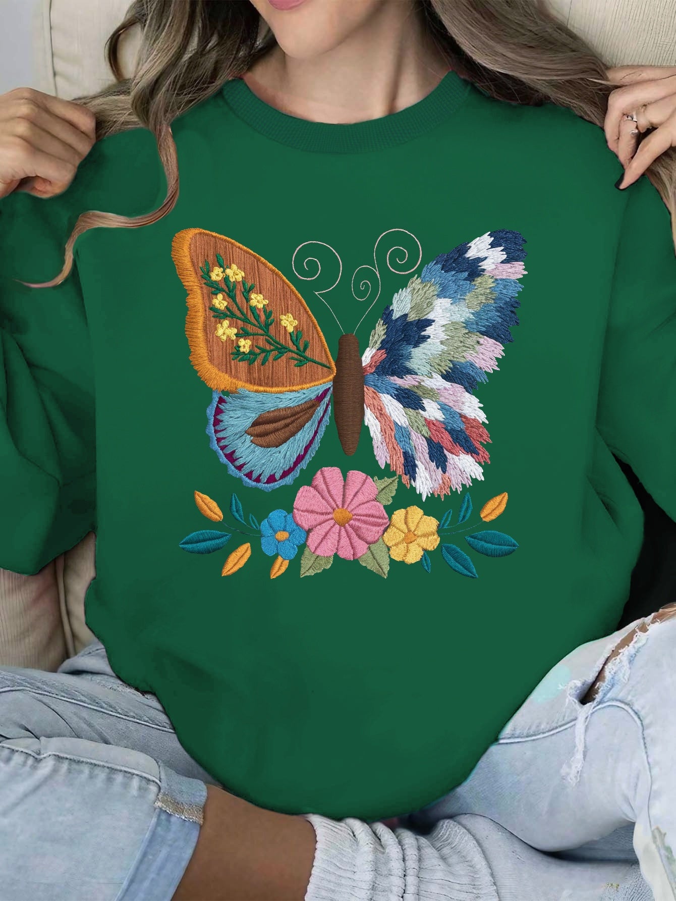 Women'S Casual Crew Neck Sweatshirt with Intricate Embroidered Butterfly and Floral Design, Geometric Pattern, Polyester Knit Fabric, Regular Length - Fall/Winter Collection