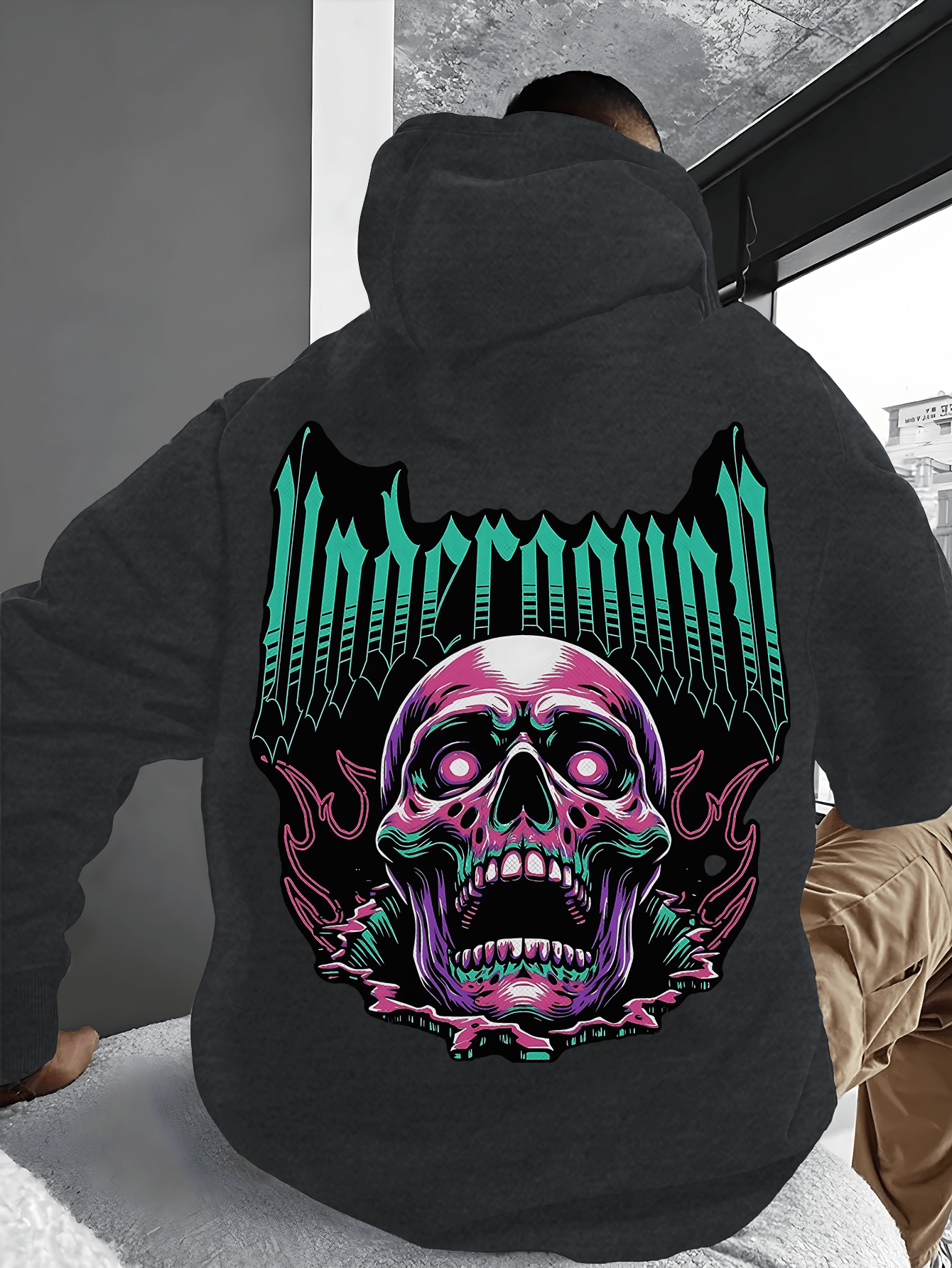 Men's Casual Cotton Blend Hoodie with Skull Print, 50% Cotton 50% Polyester, Knit Fabric, Regular Fit, Fall/Winter Collection, Soft and Comfortable with Pocket Detail