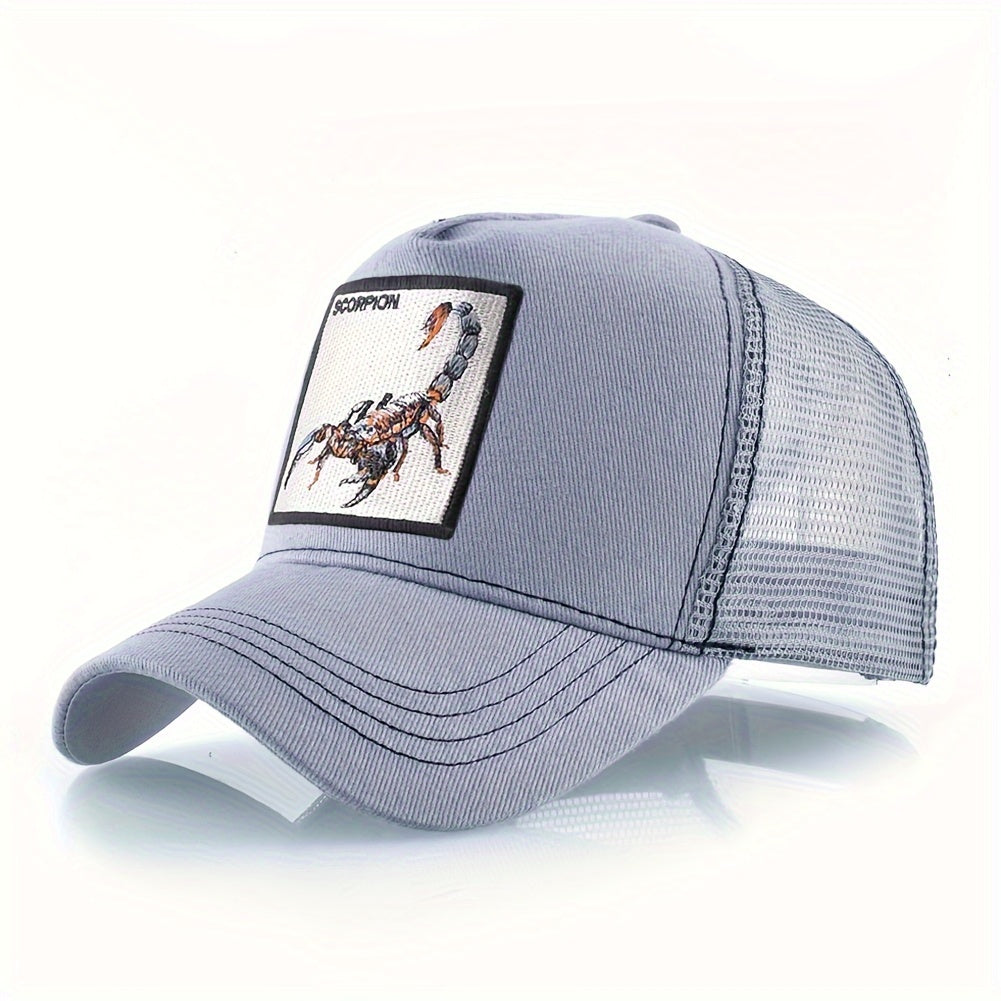 Unisex Embroidered Scorpion Baseball Cap - Breathable Mesh Trucker Hat for Outdoor Sports & Hip-Hop Style, Summer Casual Wear, Black & Beige Design with Bold 