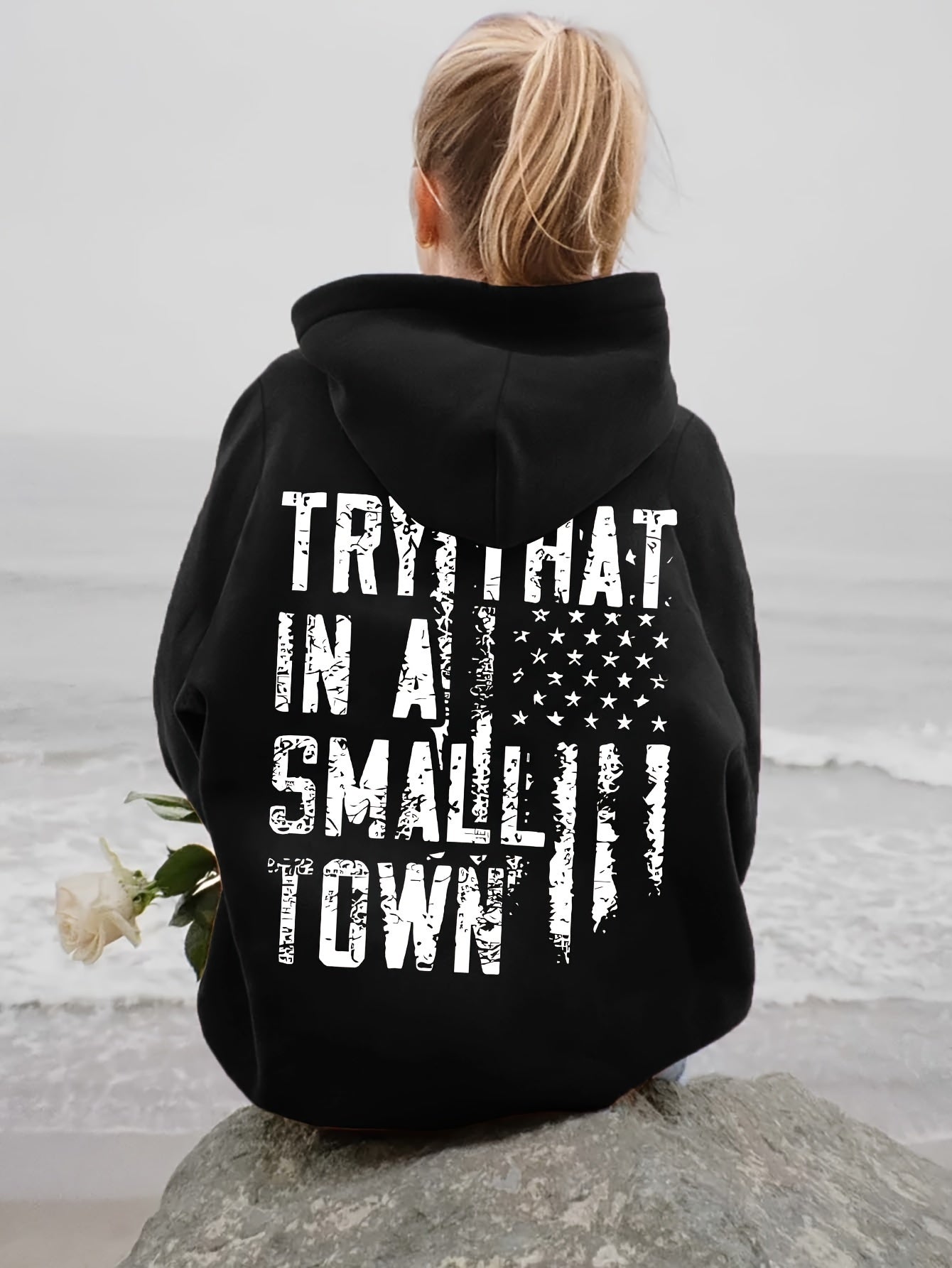 Cozy 100% Polyester Alphabet Lettering Print Hoodie - Women's Casual Drawstring Sweatshirt for Fall/Winter - Black