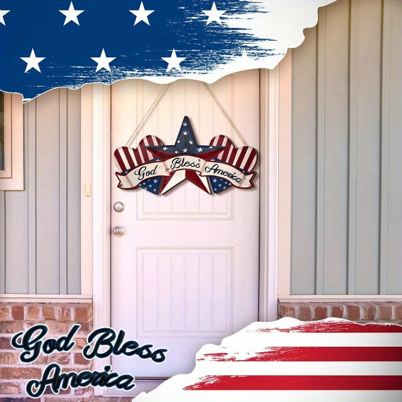 [Patriotic Wall Hangings] Patriotic 2D Flat Rustic Wooden 'God Bless America' Wall Hangings 11.81x6.49in | 4th of July Star and Heart Pendant with Rope, Farmhouse Style Holiday Decoration for Home Porch or Garden, Memorial Da