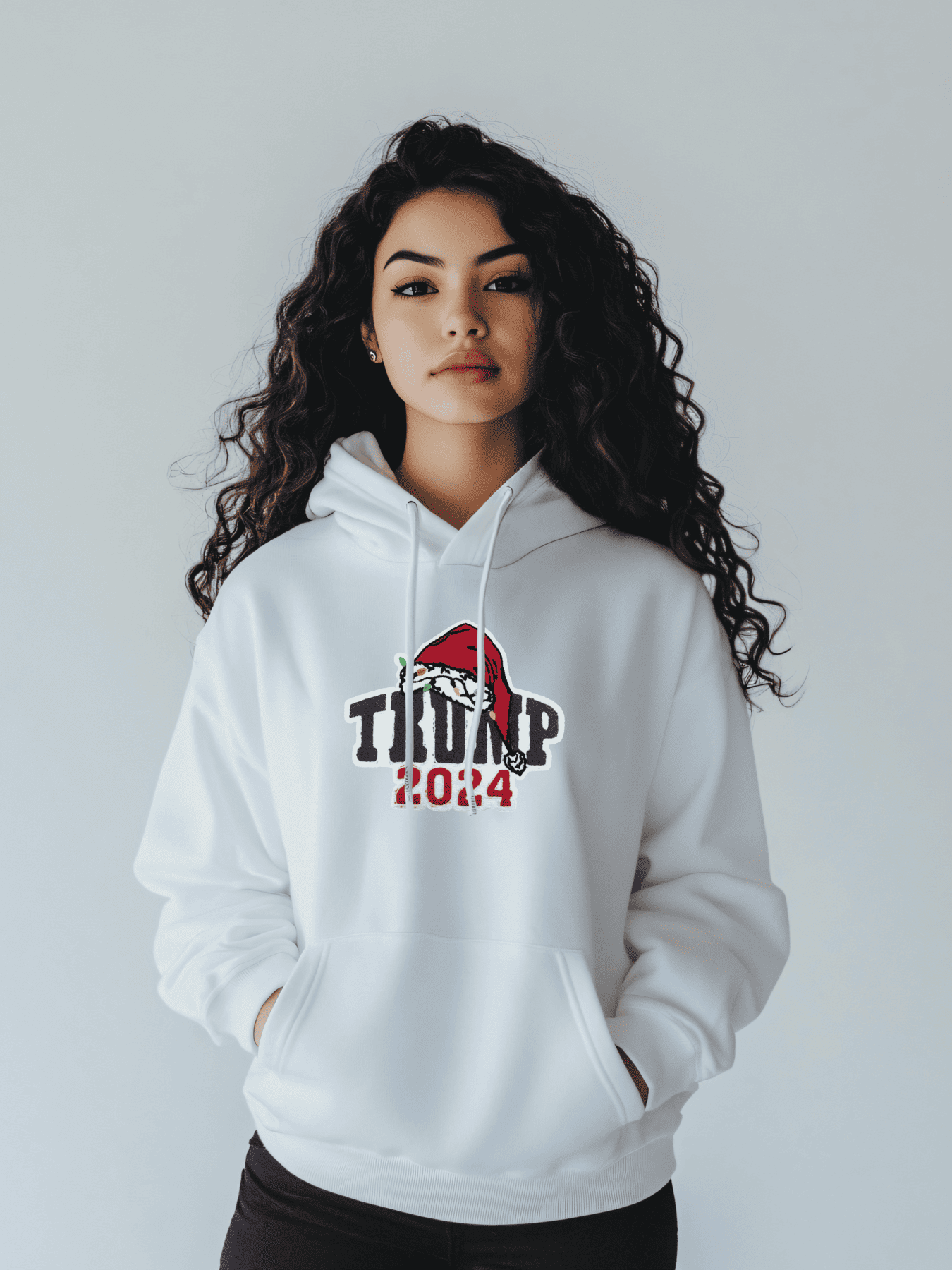 Trump 2024 Women's Embroidered Applique Hoodie - Casual & Sporty, Long Sleeve, Blend, White with Santa Hat Design, Perfect Gift Idea for Spring