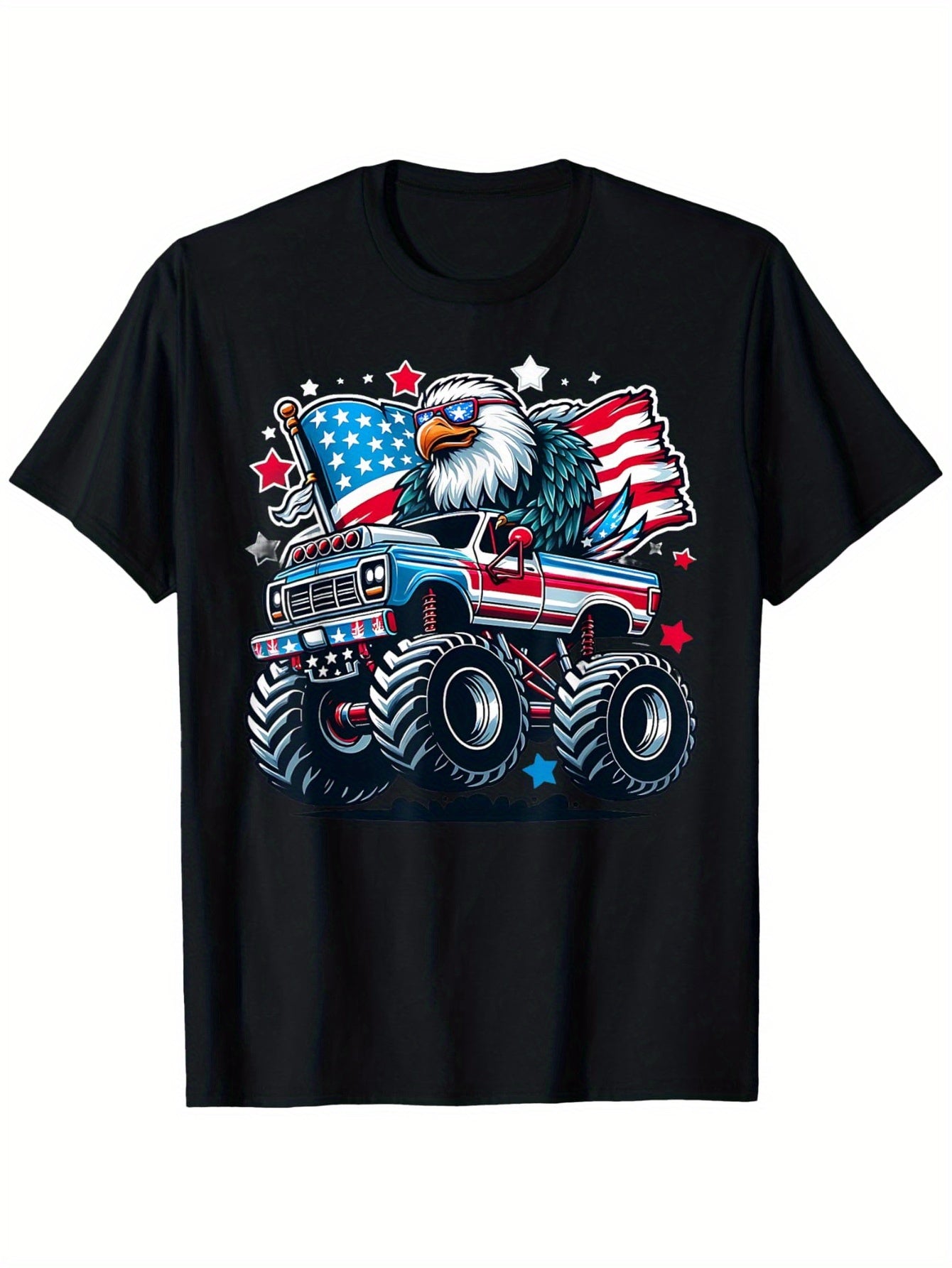 4Th of July Patriotic American Flag Eagle USA Red White Blue T-Shirt, Suitable for Unisex Personality Casual Round Neck Outdoor Short-Sleeved T-Shirt, Slightly Elastic, 100% Cotton, S-XXXL