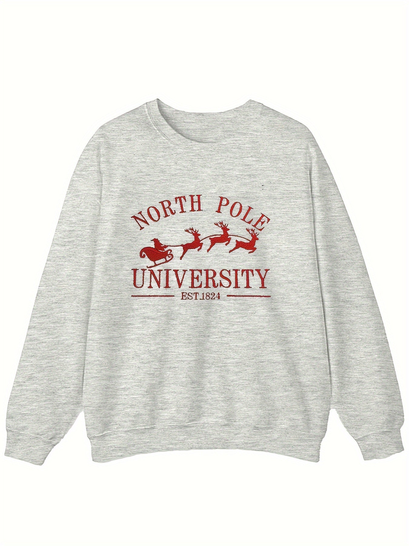 Women's Long Sleeve French Text Embroidered Round Neck Sweatshirt NORTH POLE UNIVERSITY