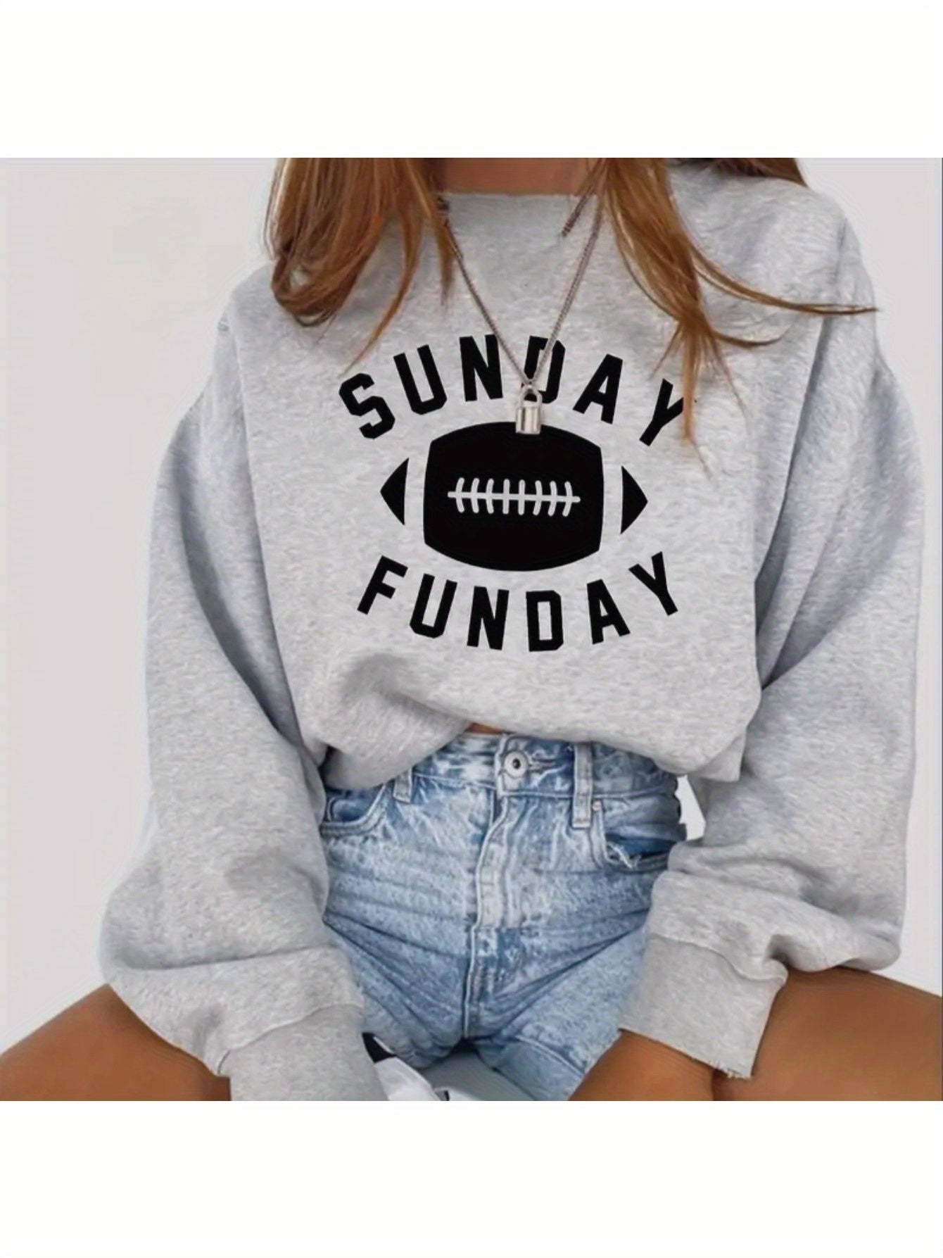Women's Casual Crew Neck Sweater | Polyester Knit Pullover with Rugby Letter Print | Long Sleeve, Medium Elasticity | Machine Washable & Dry Clean Safe | Autumn/Winter Grey Sweatshirt, Casual Winter Wear | Graphic Sweatshirt