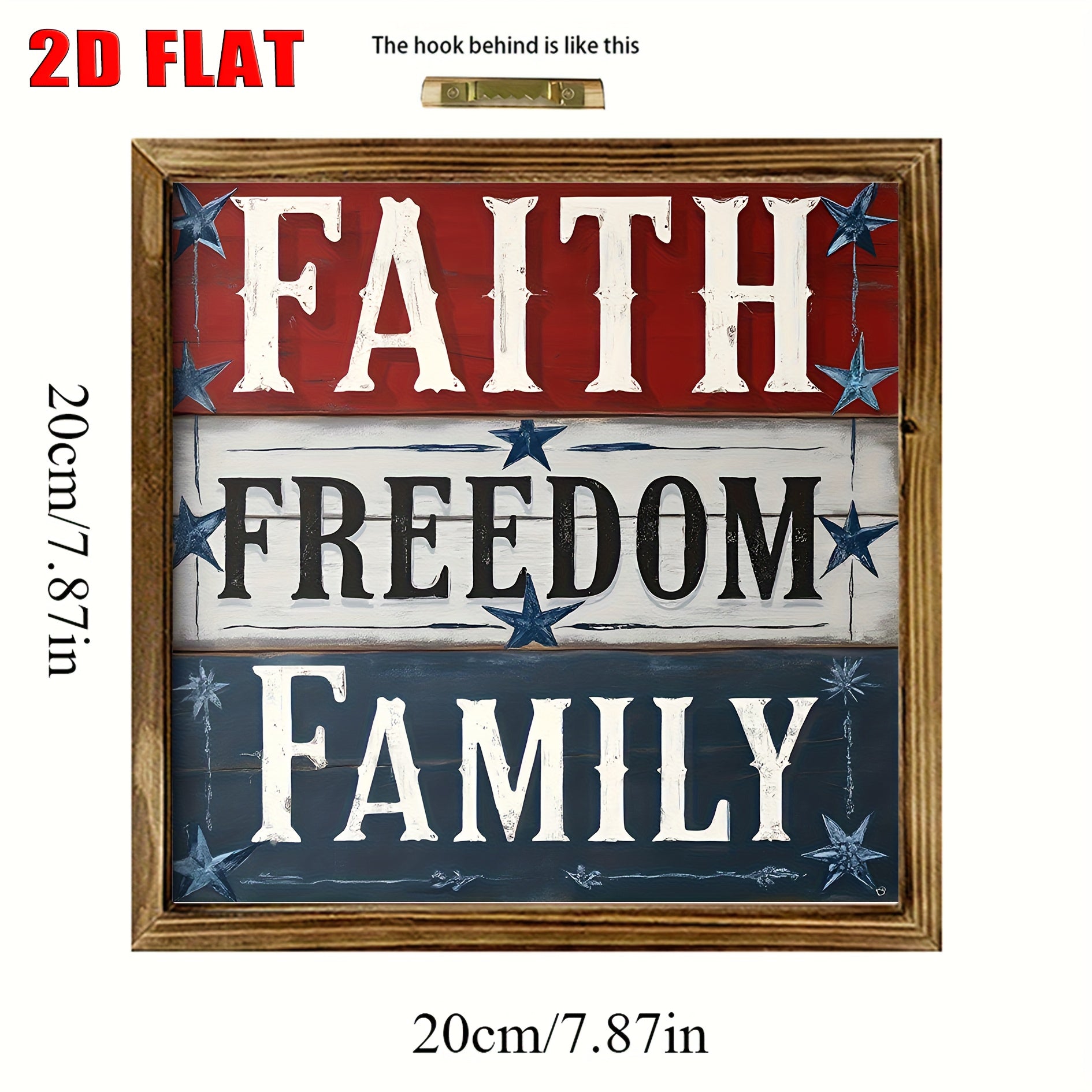 [2D FLAT]8x8 Inch Rustic Wood Wall Art Sign - Farmhouse Style Faith Freedom Family Decor with Distressed White Background & Red/Blue Stars, No Electricity Needed, Easy Wall-Mounted for Kitchen Bathroom Living Room Entryway, H