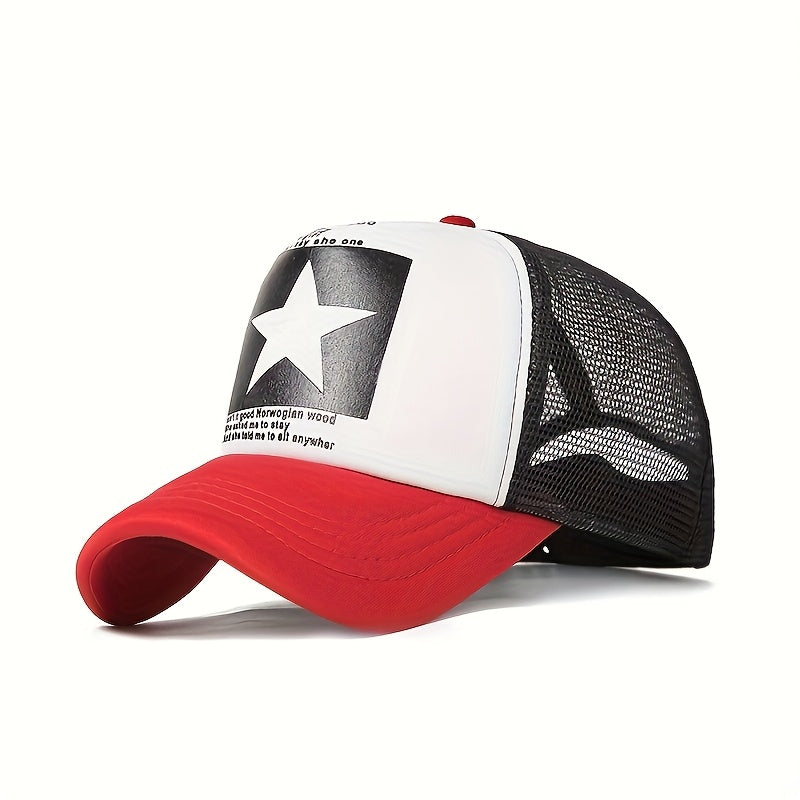 OKOIUM Breathable Mesh Trucker Cap with Star Patch - Adjustable Baseball Hat in Black, Yellow, Red, Blue, and White - Lightweight Sun Protection for Outdoor Sports, Golf, Fishing, and Casual Wear