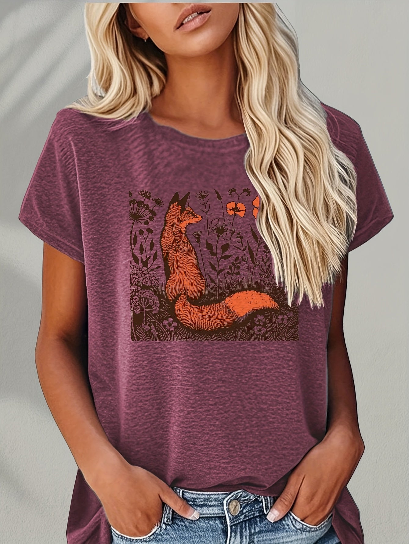 [Soft Cotton T-Shirt] Soft Cotton Women's Rustic Fox & Floral Graphic T-Shirt | High Elasticity Breathable Streetwear Top for Spring/Summer, Casual Daily Wear, Machine Washable Gift, Ladies T Shirts, Everyday Comfort, Streets