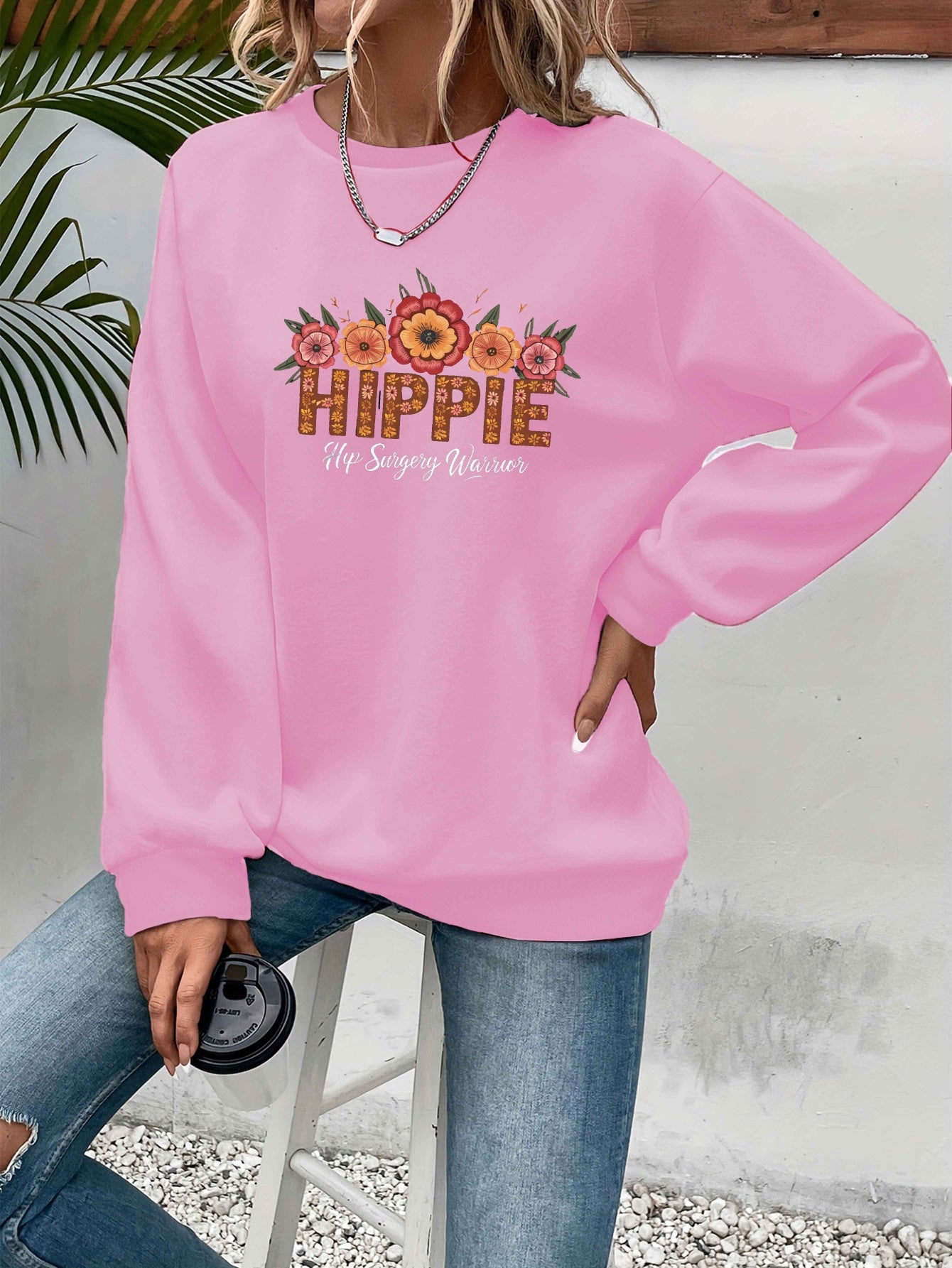 [Relaxed Style] Women's Hippie Warrior Sweatshirt - Cozy Gray Long Sleeve Crewneck with Colorful Floral and Geometric Embroidery, Casual Fall/Winter Polyester Pullover, Clothing Top | Floral Top | Glossy Fabric, Hippie Clothe