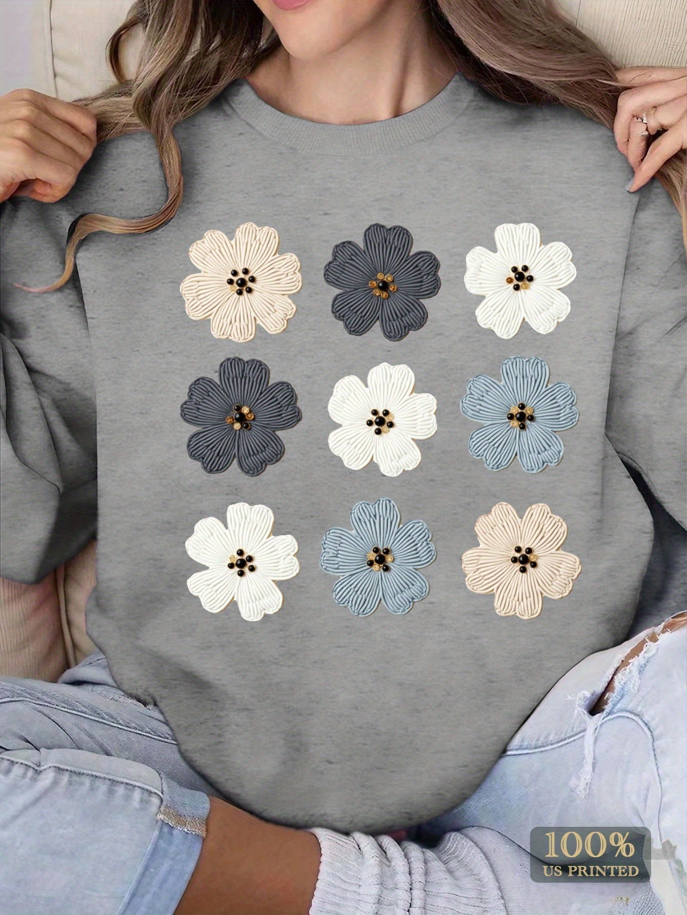 Women's Cozy Pink Floral Embroidered Sweatshirt with Bead Details - Soft Long Sleeve Pullover for Fall/Winter, Casual Round Neck Design, Machine Washable