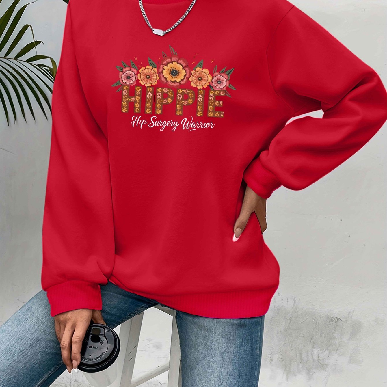 [Relaxed Style] Women's Hippie Warrior Sweatshirt - Cozy Gray Long Sleeve Crewneck with Colorful Floral and Geometric Embroidery, Casual Fall/Winter Polyester Pullover, Clothing Top | Floral Top | Glossy Fabric, Hippie Clothe