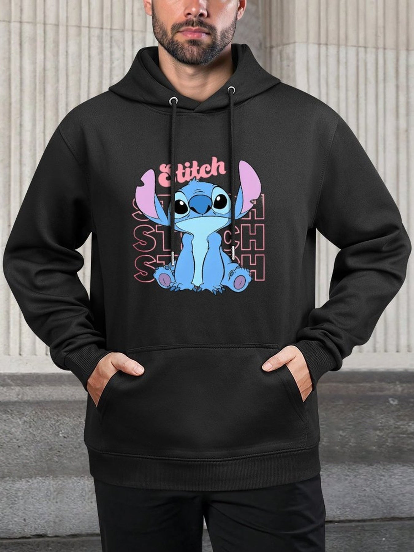 Disney Men'S Black Retro Pullover Hoodie with Stitch Cartoon Character Disney Friends Digital Print, Soft Regular Fit Casual Sweatshirt, Machine Washable, Disney Sweatshirt