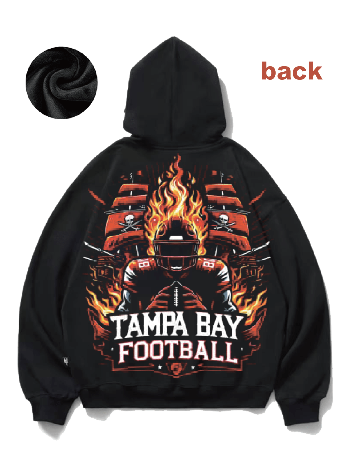 [1pc Tampa Bay Football Graphic Hoodie] Tampa Bay Football-Inspired Hoodie, Cotton Blend Crew Neck Sweatshirt, Regular Fit Knit Fabric Sports & Active Hoodie, with Flame & Skull Graphic, Geometric Pattern, Slight Stretch, Cas