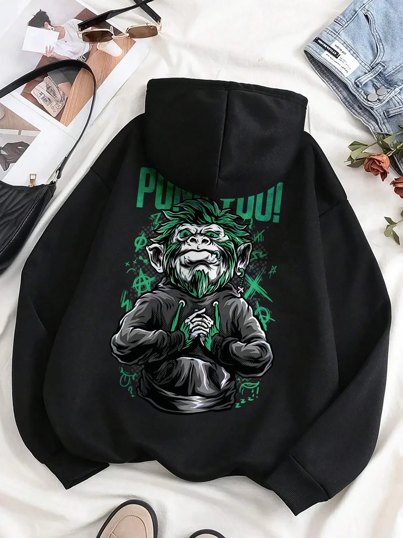 Stylish Monkey & Letter Print Hoodie - Cozy Polyester, Long Sleeve Pullover for Men | Perfect for Fall/Winter Casual Wear