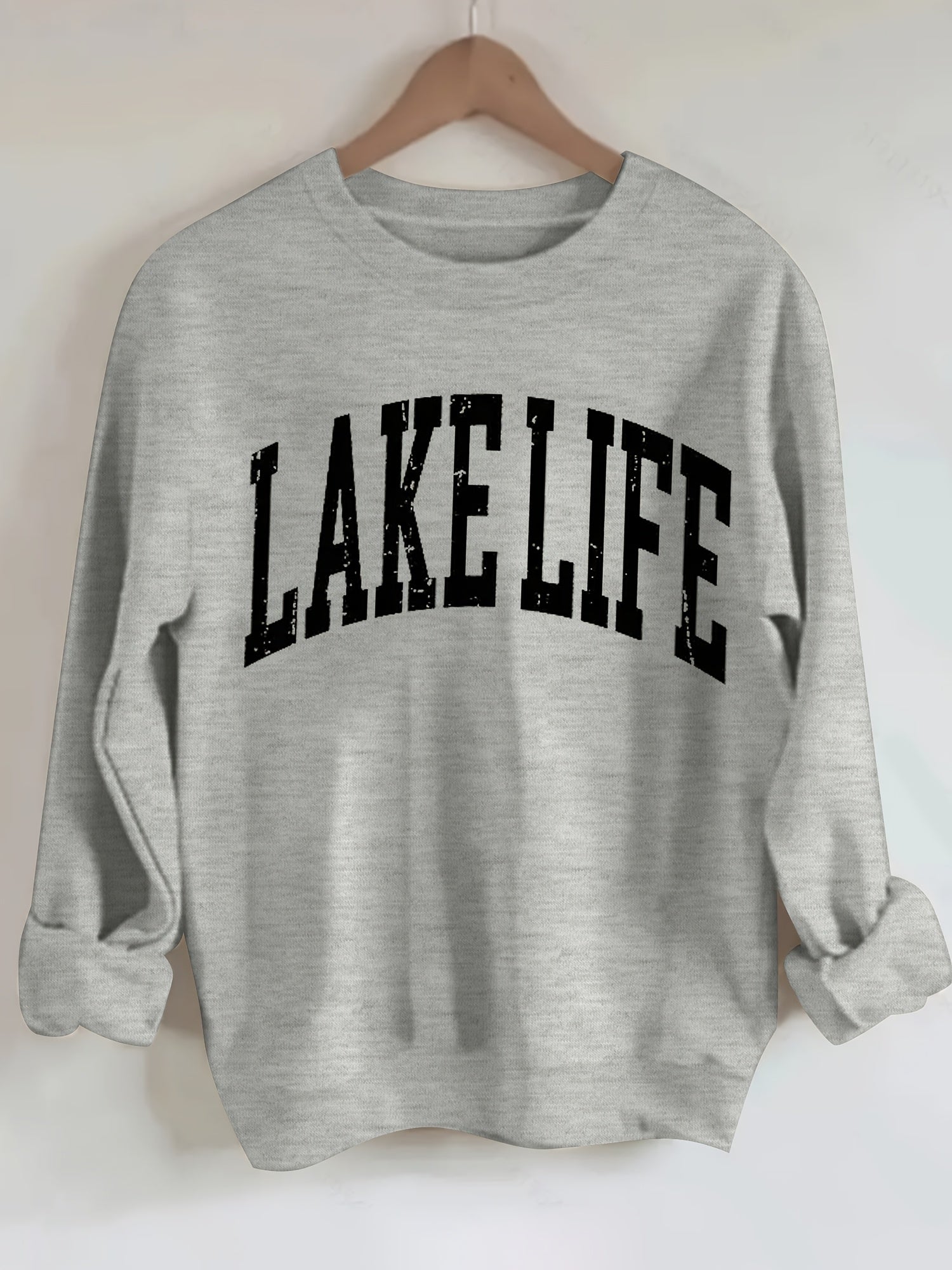 Women'S Lake Life Print Crew Neck Sweatshirt, Casual Cotton Blend Pullover, with Long Sleeves and Slight Stretch, for All Seasons