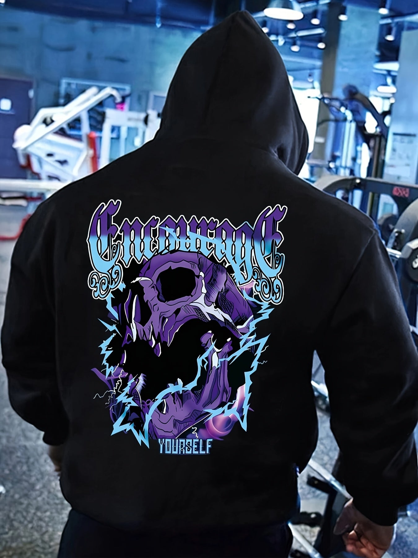 Men's Black Skull & Lightning Bolt Graphic Hoodie - Relaxed Fit Casual Pullover with 